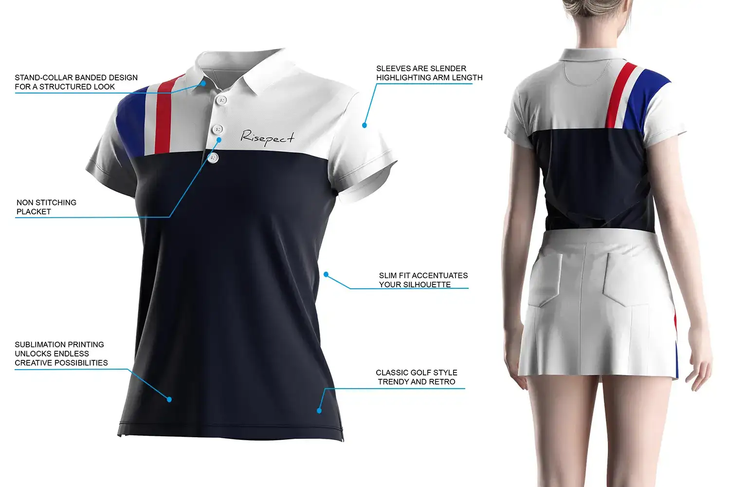 Navy Polo Women Golf Short Sleeve Polo Shirt Design — rear view on model with product feature highlights including non-stitched placket, stand collar, and slim-fit silhouette.