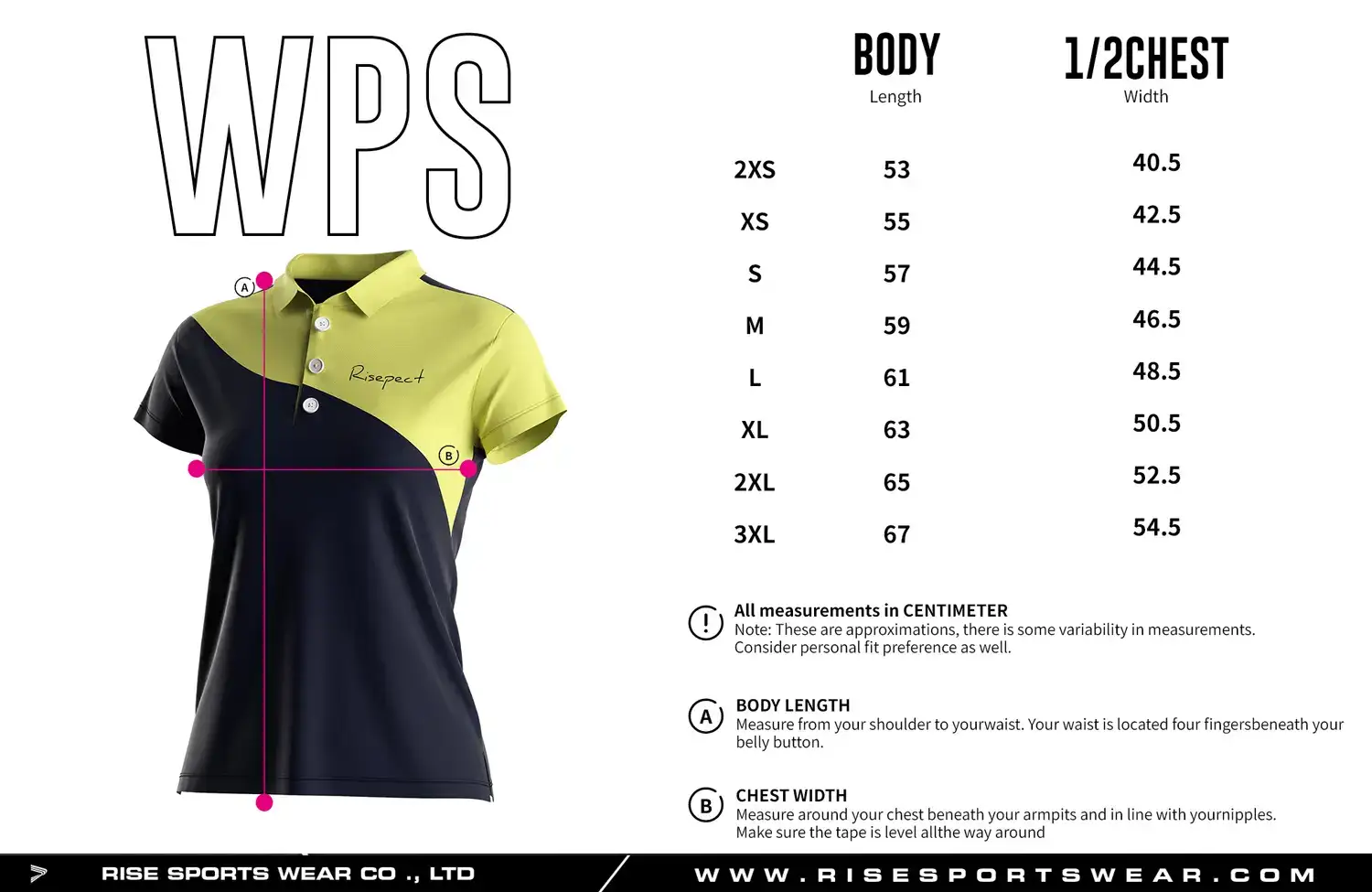 Women's golf polo size chart — measurements in cm from 2XS to 3XL including width, and length