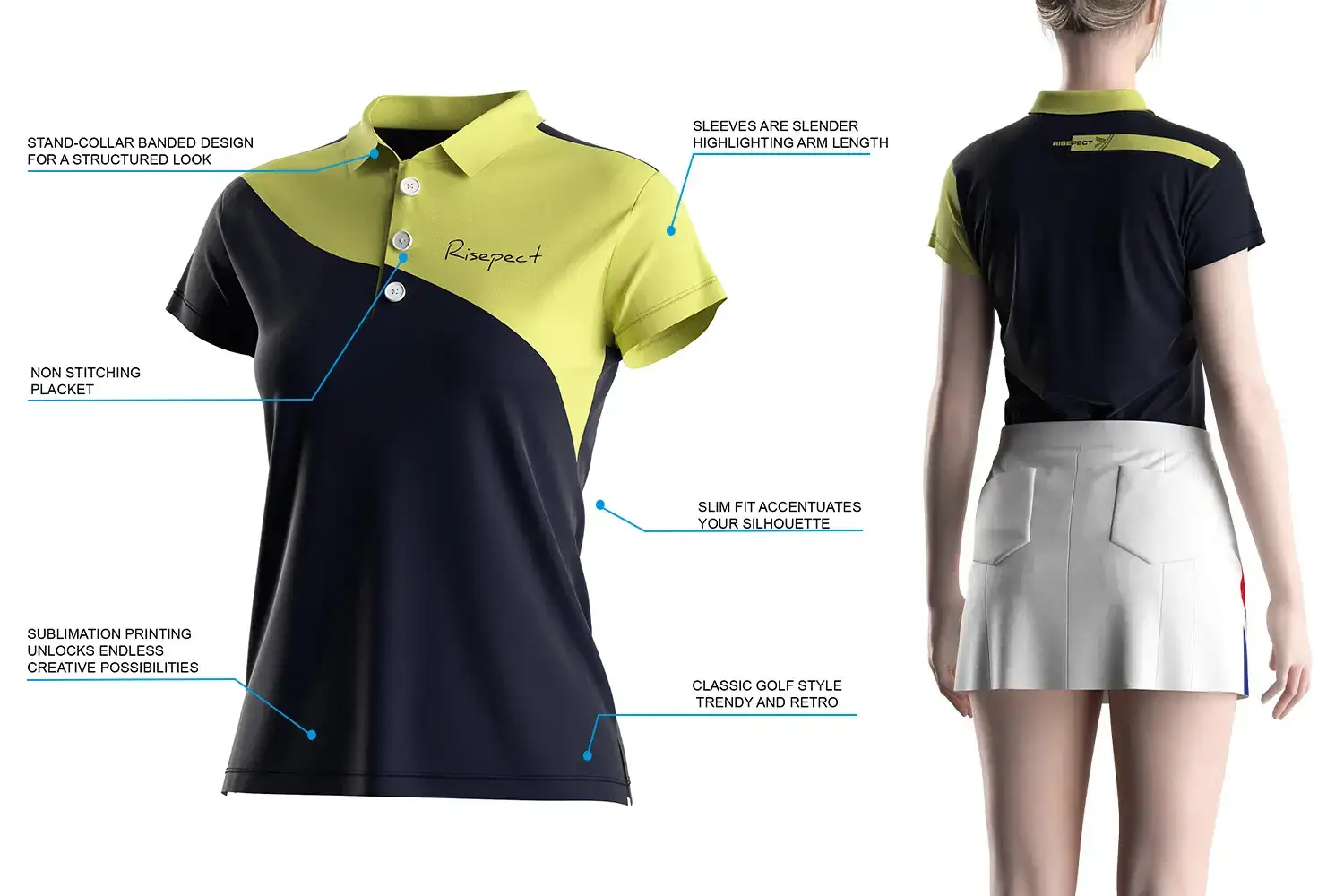 Yellow SS Polo Women Golf Polo with Contrast Hem Detail — rear view on model with product feature highlights including non-stitched placket, stand collar, and slim-fit silhouette.