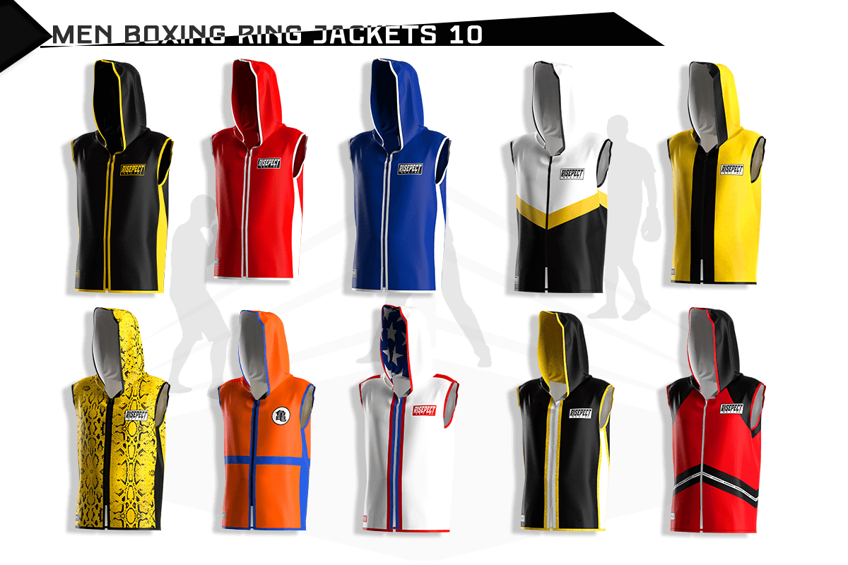 Collection of ten different sublimated color and design variations of the hooded boxing ring jacket.