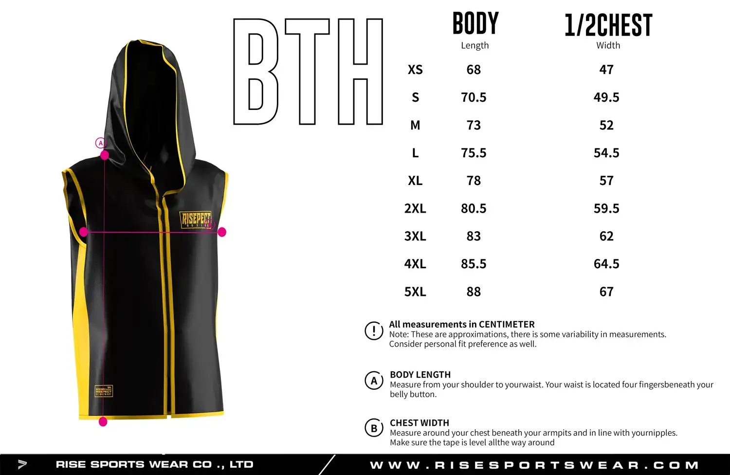 Size chart of the black and yellow hooded boxing ring jacket showing body length and 1/2 chest width measurements.