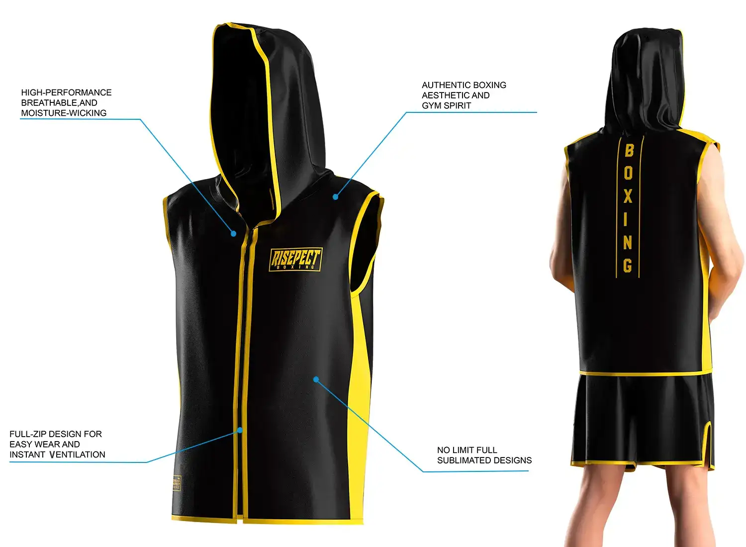3D front model and back view of a male wearing the black and yellow hooded boxing ring jacket, showing sleeveless cut for full shoulder movement, full-zip front, breathable moisture-wicking satin fabric, and hooded walkout style with unlimited sublimation design options.