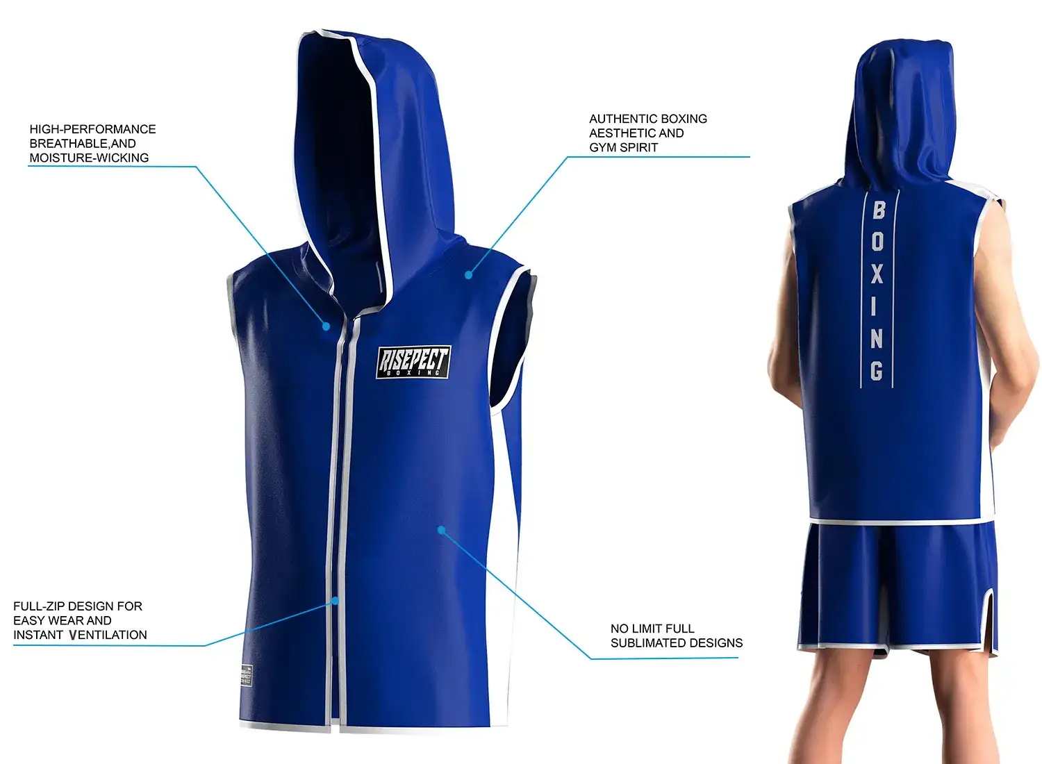 3D front model and back view of a male wearing the royal blue hooded boxing ring jacket, showing sleeveless cut for full shoulder movement, full-zip front, breathable moisture-wicking satin fabric, and hooded walkout style with unlimited sublimation design options.