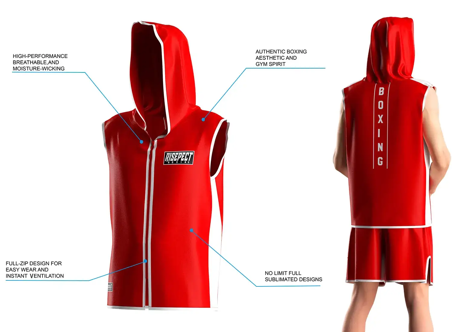 3D front model and back view of a male wearing the red hooded boxing ring jacket, showing sleeveless cut for full shoulder movement, full-zip front, breathable moisture-wicking satin fabric, and hooded walkout style with unlimited sublimation design options.
