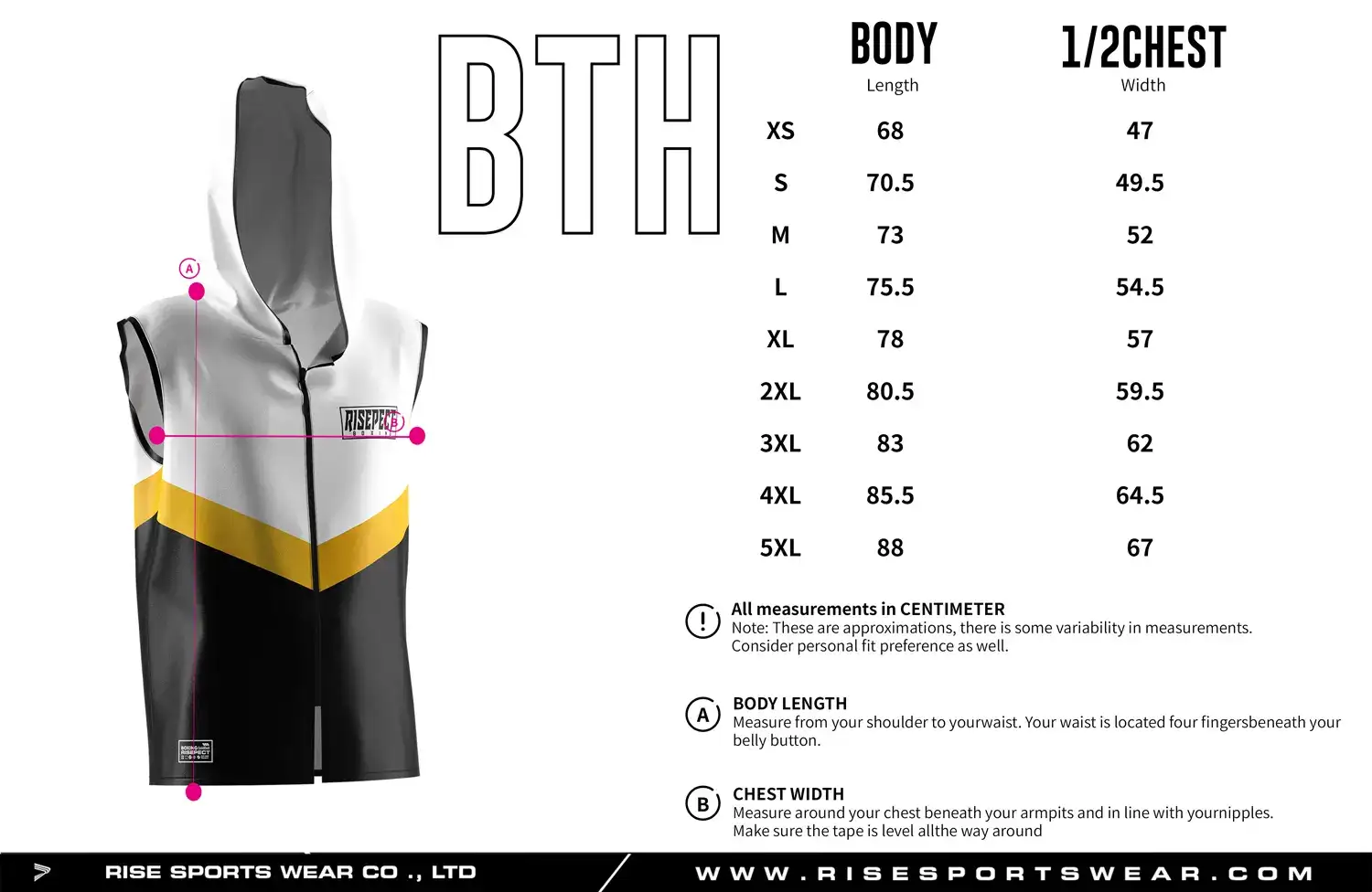 Size chart of the white and black hooded boxing ring jacket showing body length and 1/2 chest width measurements.
