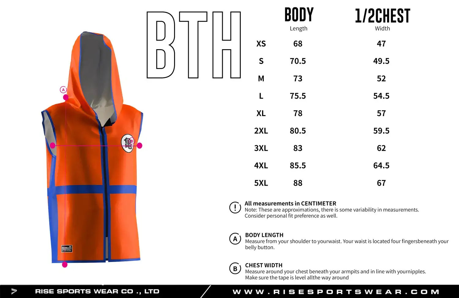 Size chart of the orange hooded boxing ring jacket showing body length and 1/2 chest width measurements.