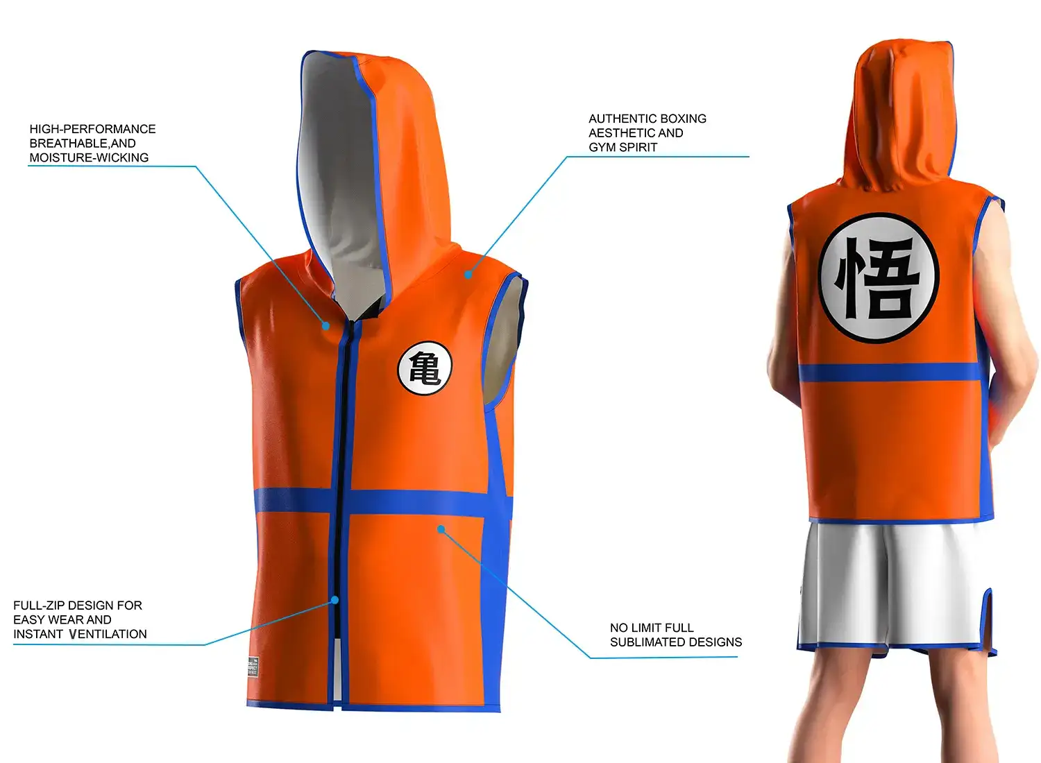3D front model and back view of a male wearing the orange hooded boxing ring jacket, showing sleeveless cut for full shoulder movement, full-zip front, breathable moisture-wicking satin fabric, and hooded walkout style with unlimited sublimation design options.