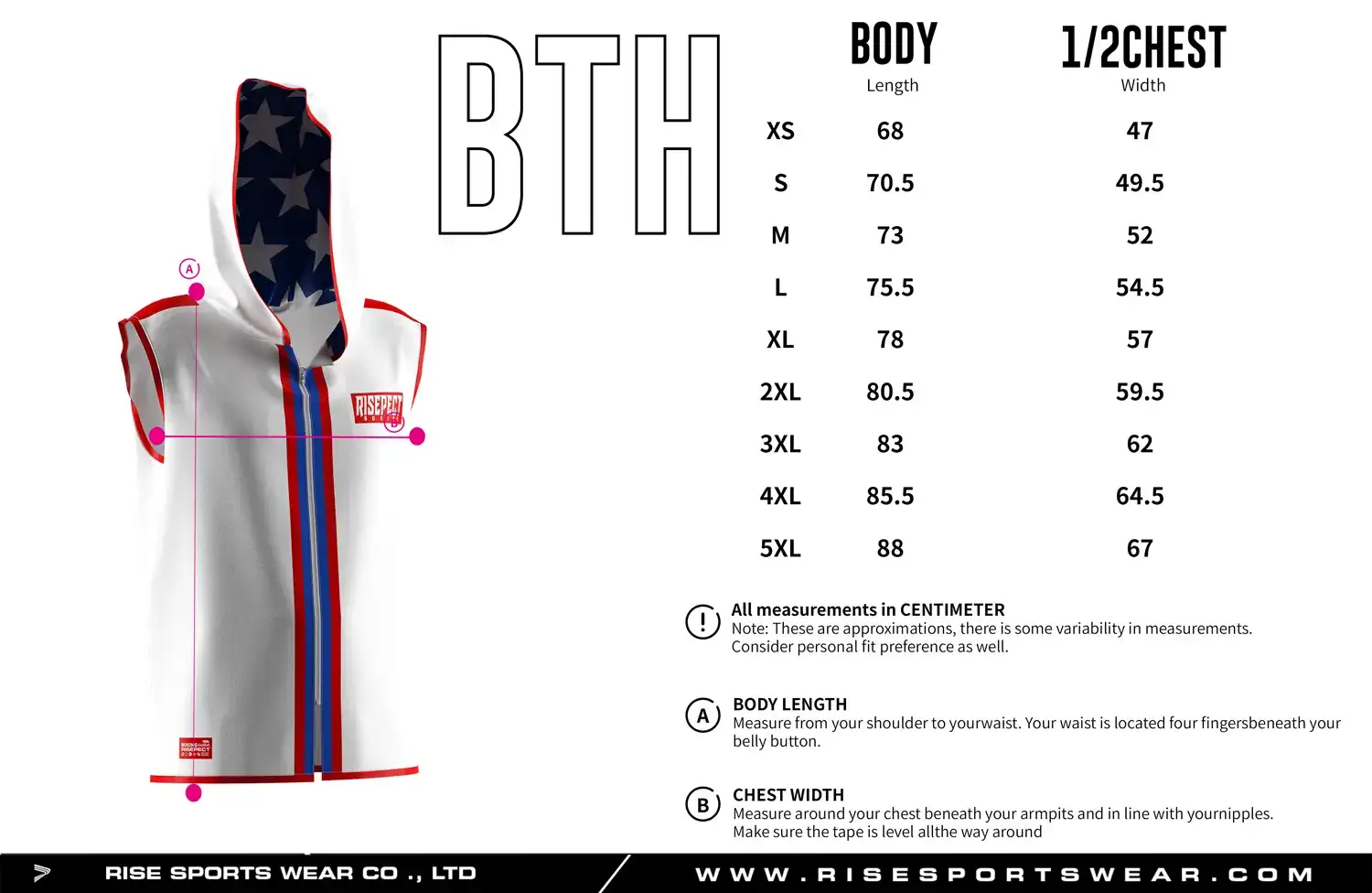 Size chart of the white hooded boxing ring jacket showing body length and 1/2 chest width measurements.