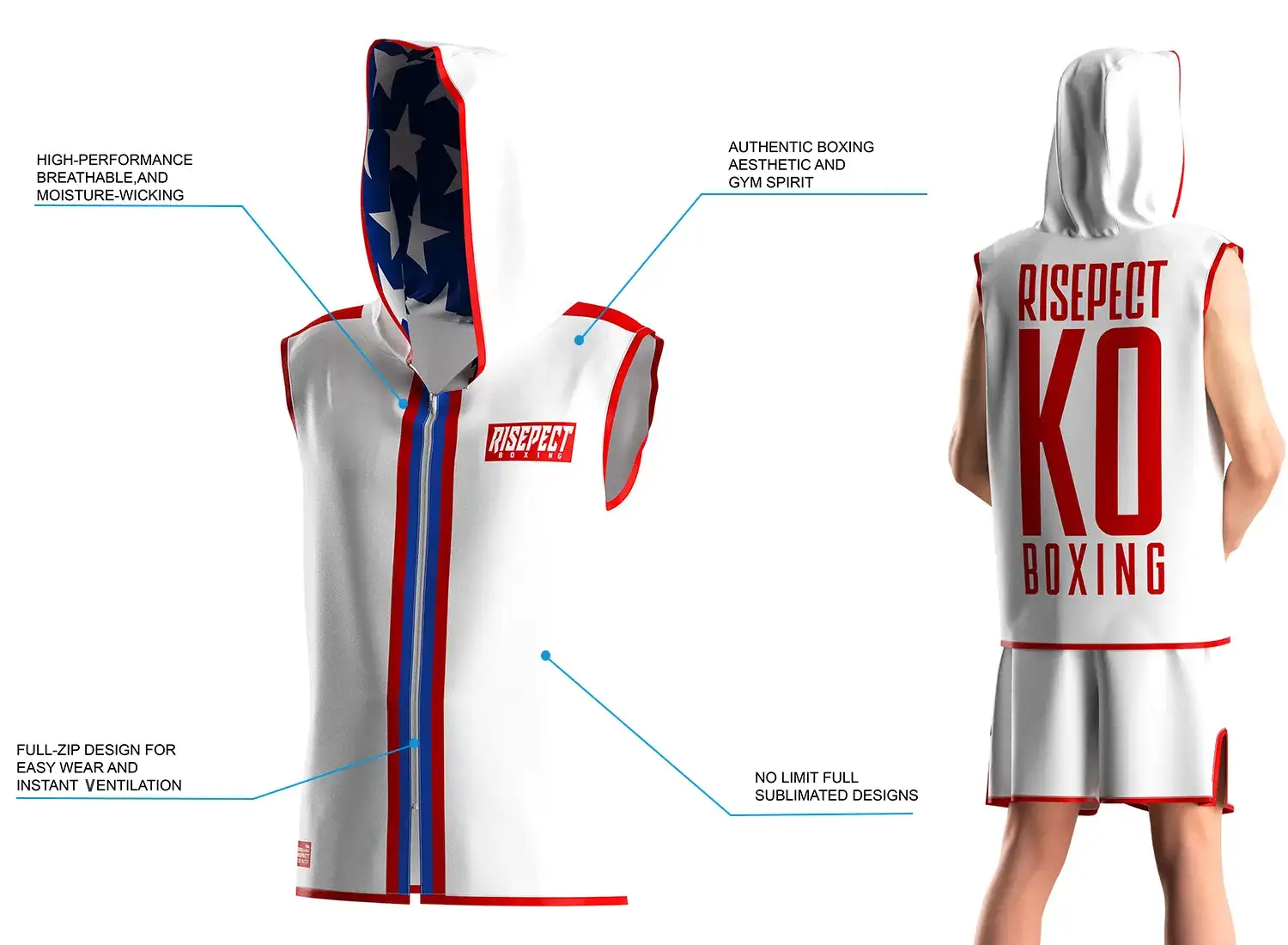 3D front model and back view of a male wearing the white stars hooded boxing ring jacket, showing sleeveless cut for full shoulder movement, full-zip front, breathable moisture-wicking satin fabric, and hooded walkout style with unlimited sublimation design options.