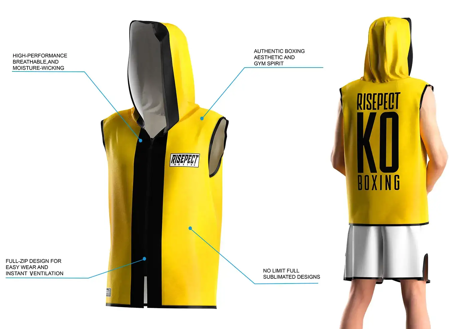 3D front model and back view of a male wearing the yellow hooded boxing ring jacket, showing sleeveless cut for full shoulder movement, full-zip front, breathable moisture-wicking satin fabric, and hooded walkout style with unlimited sublimation design options.