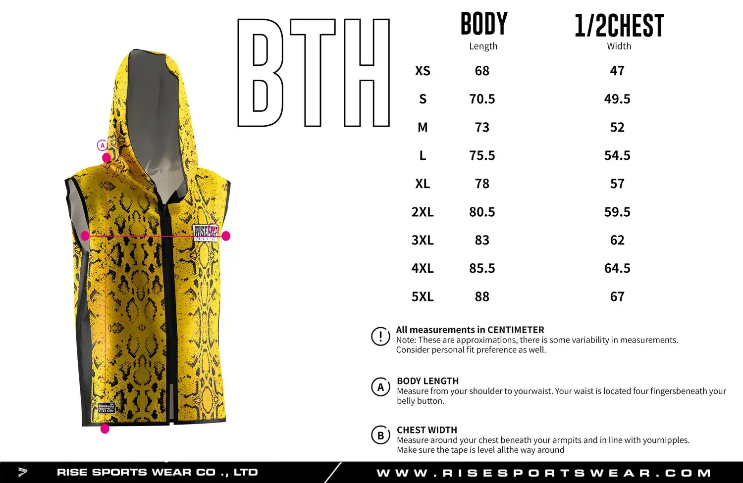 Size chart of the yellow snake print hooded boxing ring jacket showing body length and 1/2 chest width measurements.