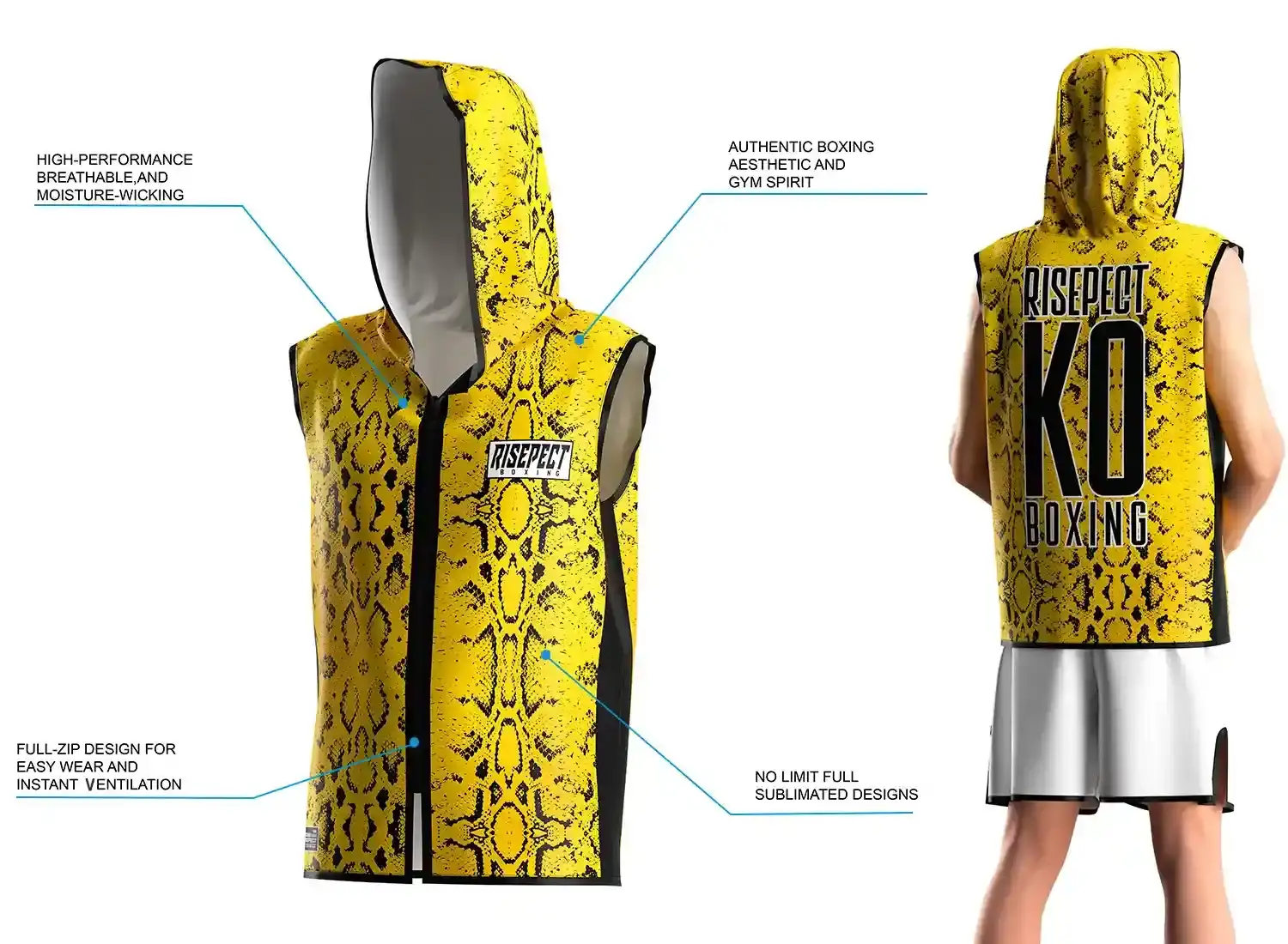 3D front model and back view of a male wearing the yellow snake print hooded boxing ring jacket, showing sleeveless cut for full shoulder movement, full-zip front, breathable moisture-wicking satin fabric, and hooded walkout style with unlimited sublimation design options.