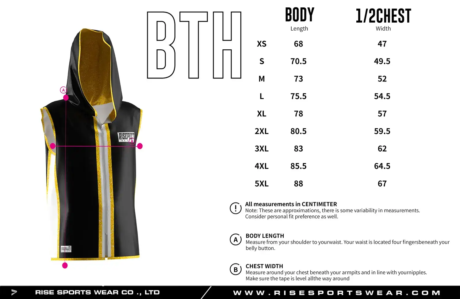 Size chart of the black and gold hooded boxing ring jacket showing body length and 1/2 chest width measurements.