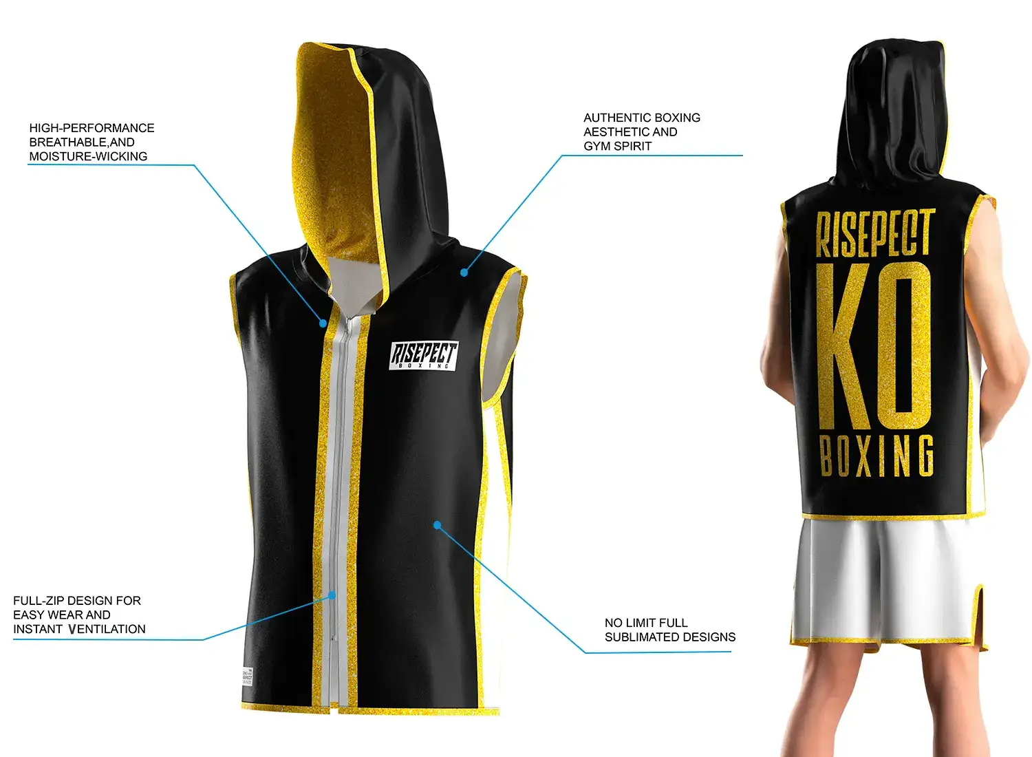 3D front model and back view of a male wearing the black and gold hooded boxing ring jacket, showing sleeveless cut for full shoulder movement, full-zip front, breathable moisture-wicking satin fabric, and hooded walkout style with unlimited sublimation design options.