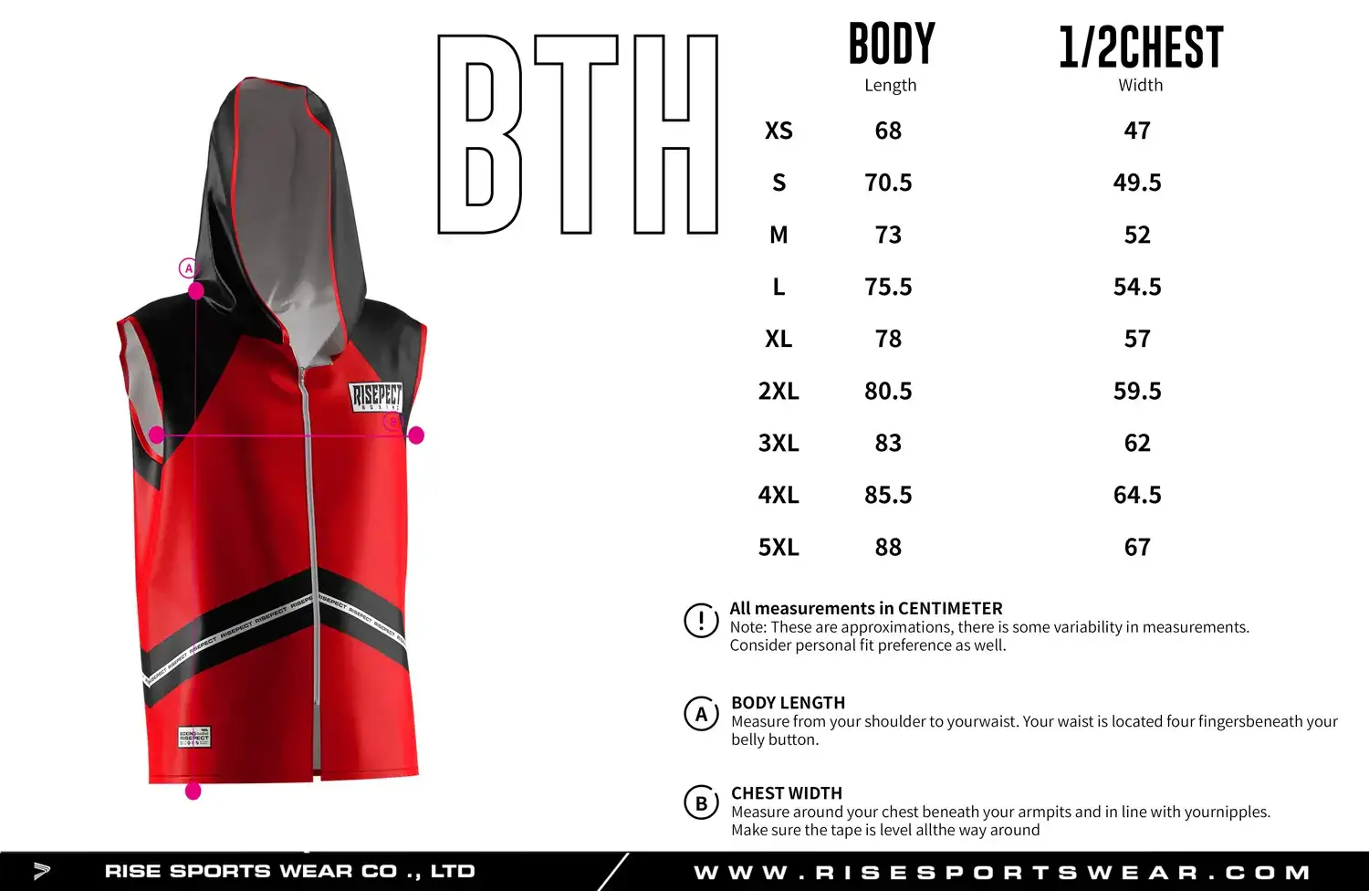 Size chart of the pro series red and black hooded boxing ring jacket showing body length and 1/2 chest width measurements.