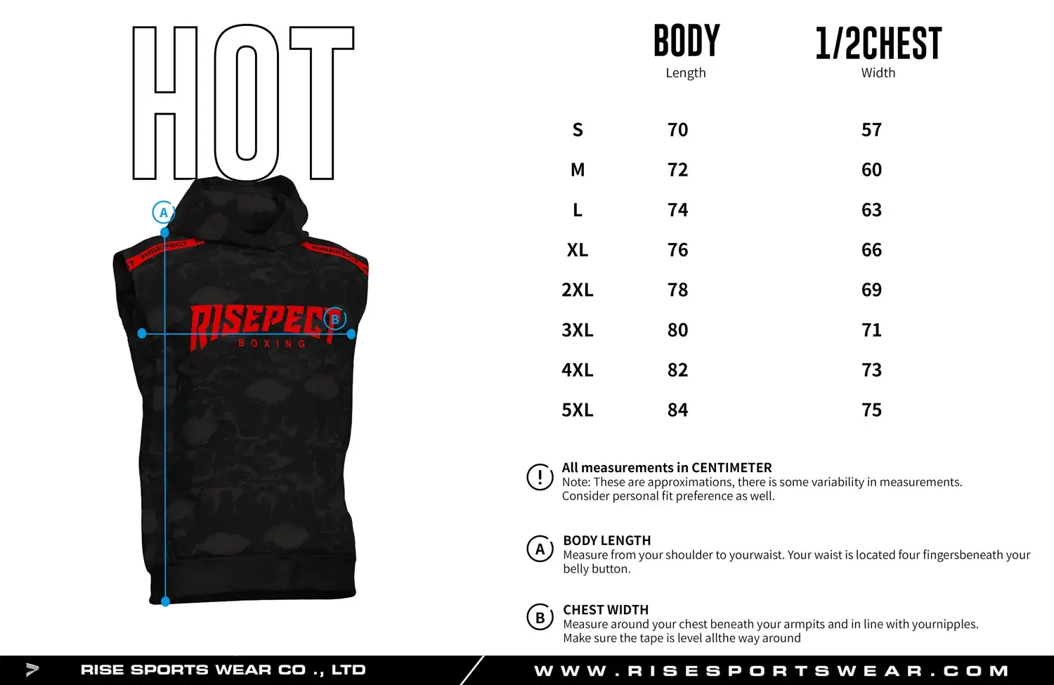 Size chart of the sleeveless boxing hoodie pullover showing body length and 1/2 chest width measurements.