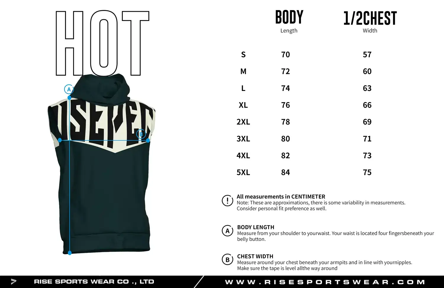 Size chart of the sleeveless boxing hoodie pullover showing body length and 1/2 chest width measurements.
