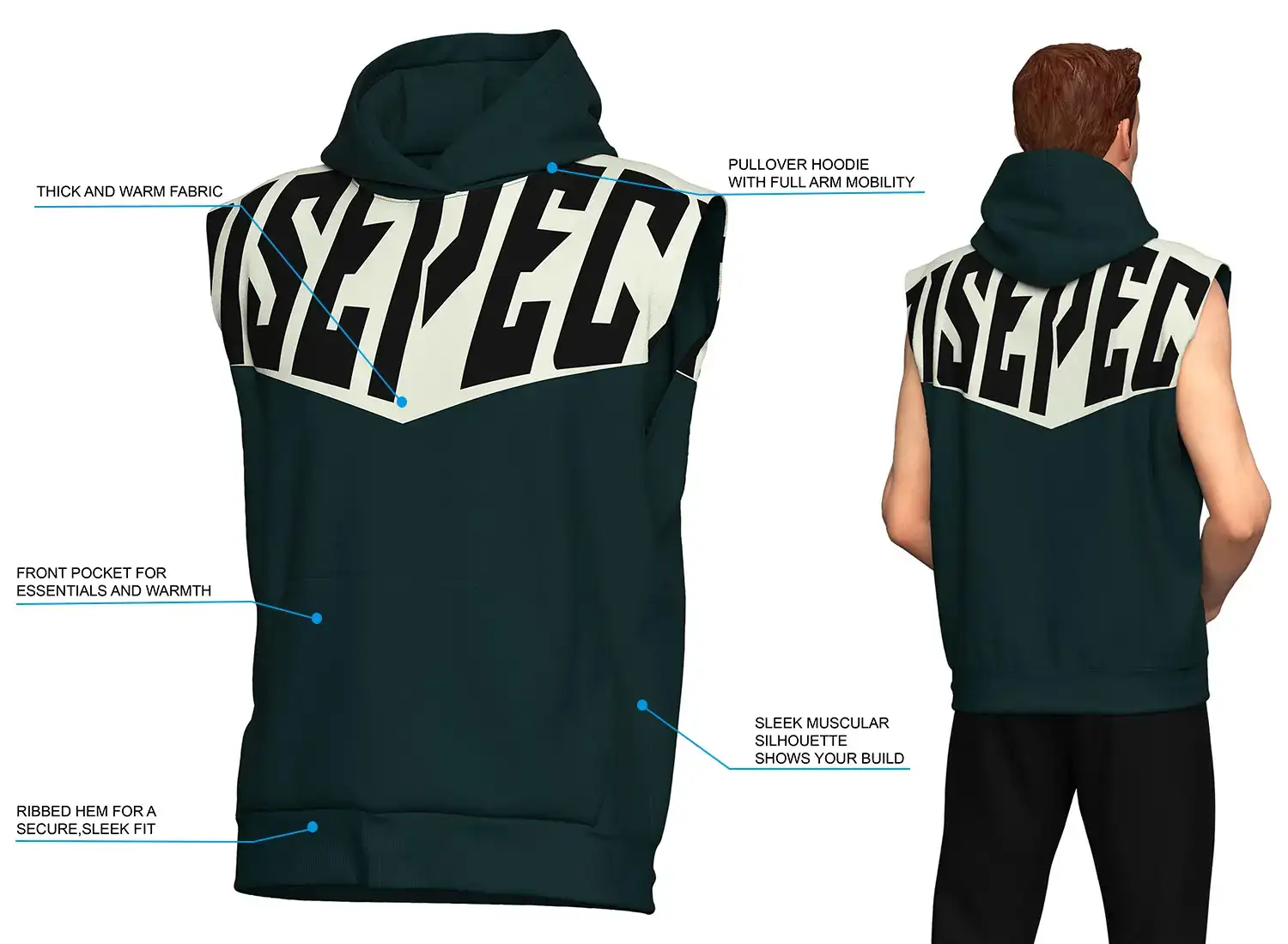 Right panel shows the sleeveless boxing hoodie front with callouts highlighting thick warm fabric, pullover hood, front kangaroo pocket, ribbed hem; left panel shows a male model wearing the hoodie's back view with large forest green 'RISEPECT' text—two-tone light meadow-yellow and forest green body, sleeveless cut for full shoulder mobility.