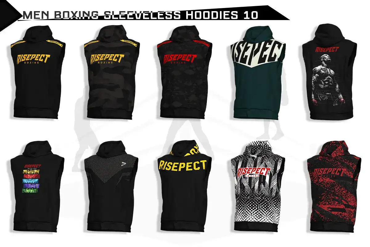 Collection of ten different sublimated color and design variations of the sleeveless boxing hoodies.