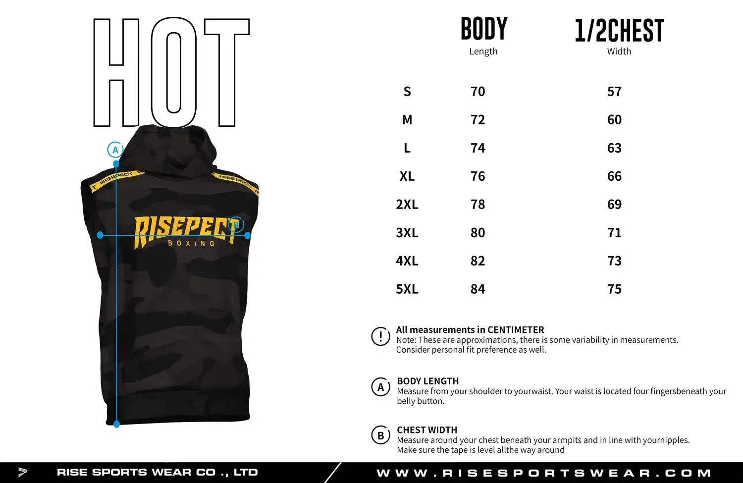 Size chart of the sleeveless boxing hoodie pullover showing body length and 1/2 chest width measurements.
