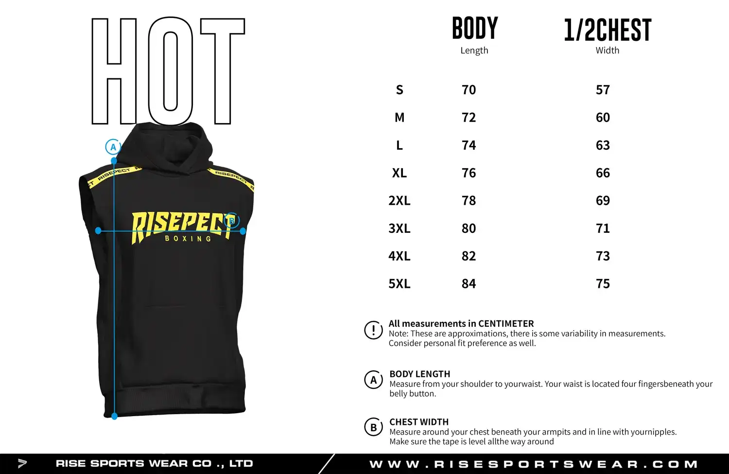 Size chart of the sleeveless boxing hoodie pullover showing body length and 1/2 chest width measurements.