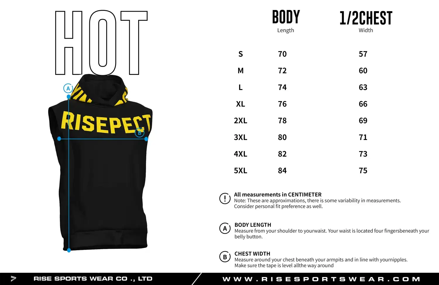 Size chart of the sleeveless boxing hoodie pullover showing body length and 1/2 chest width measurements.