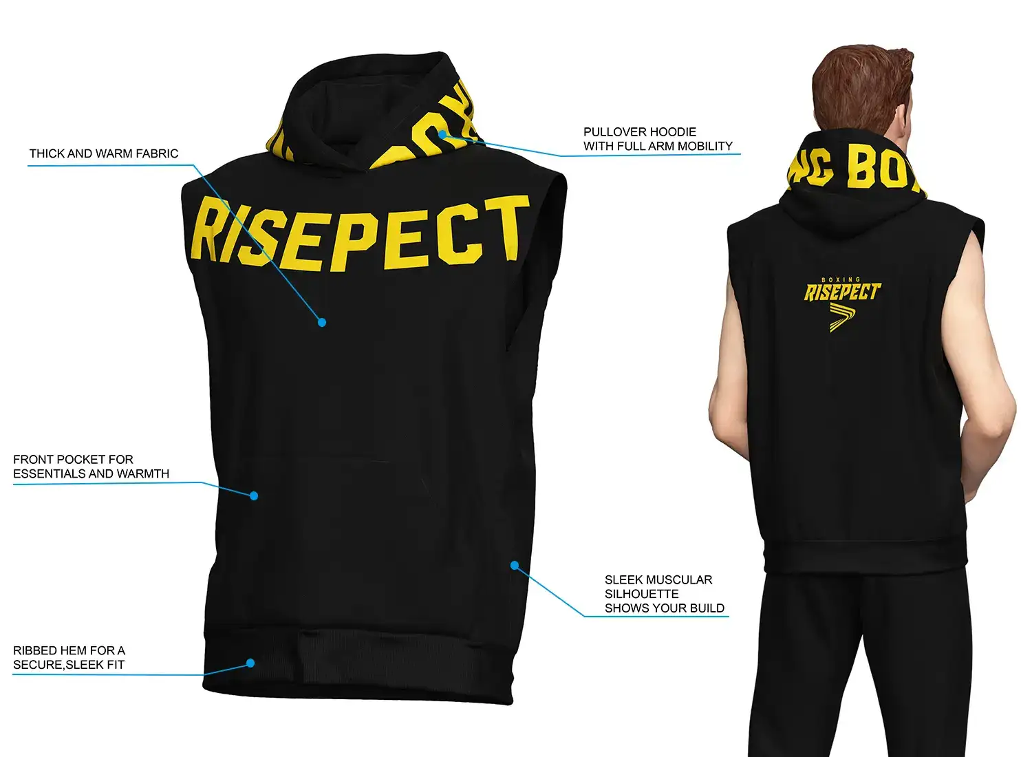 Right panel shows the sleeveless boxing hoodie front with gold-text crest detailing, highlighting thick warm fabric, pullover hood, front kangaroo pocket, and ribbed hem; left panel shows a male model wearing the hoodie's back view with matching gold logo graphics—black body and sleeveless cut for full shoulder mobility.