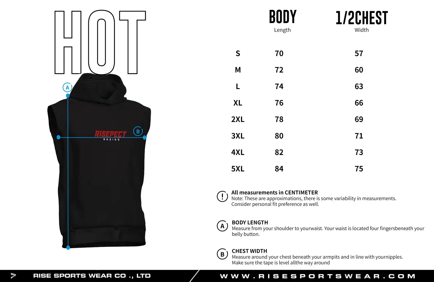 Size chart of the sleeveless boxing hoodie pullover showing body length and 1/2 chest width measurements.