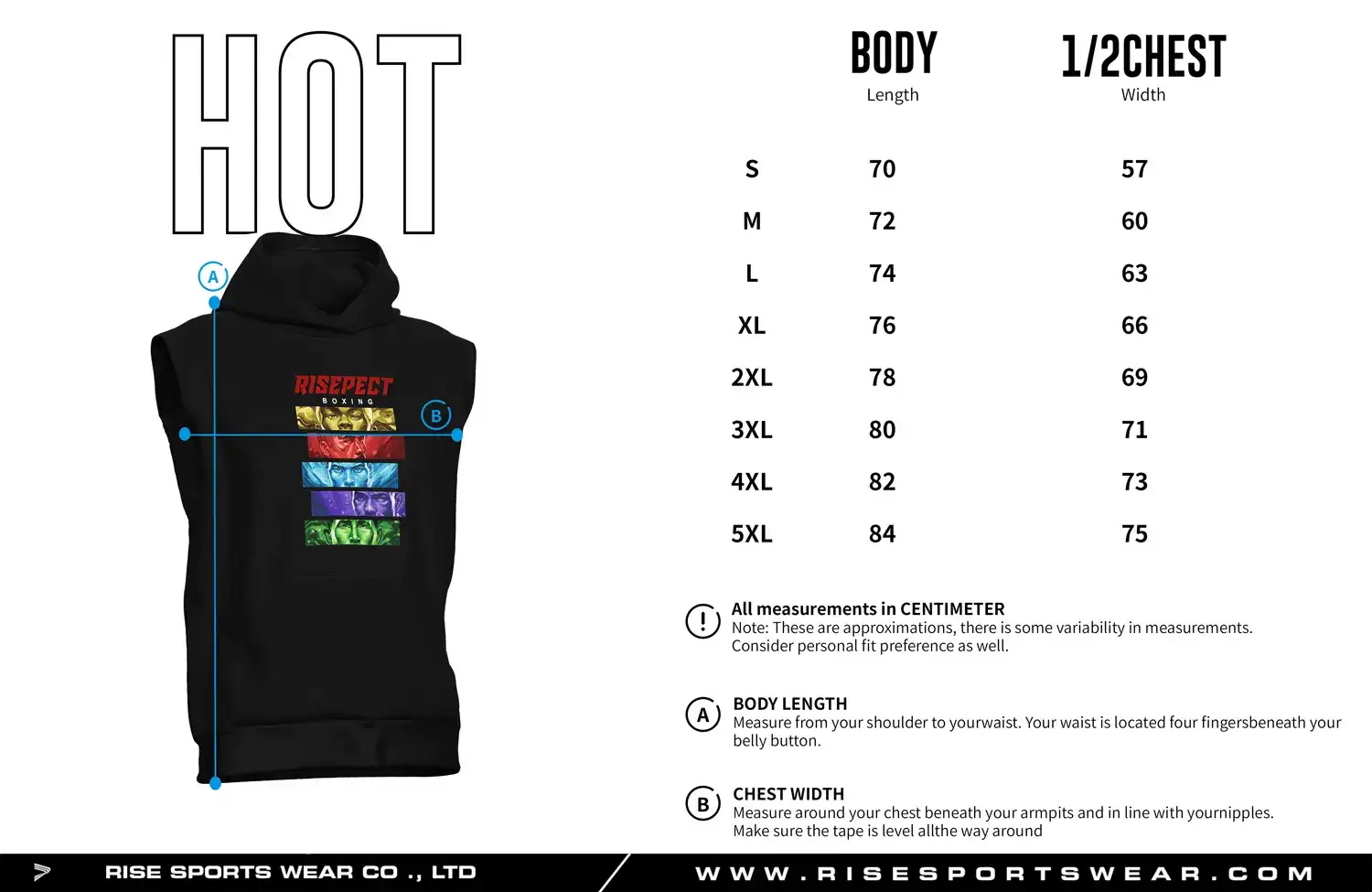 Size chart of the sleeveless boxing hoodie pullover showing body length and 1/2 chest width measurements.