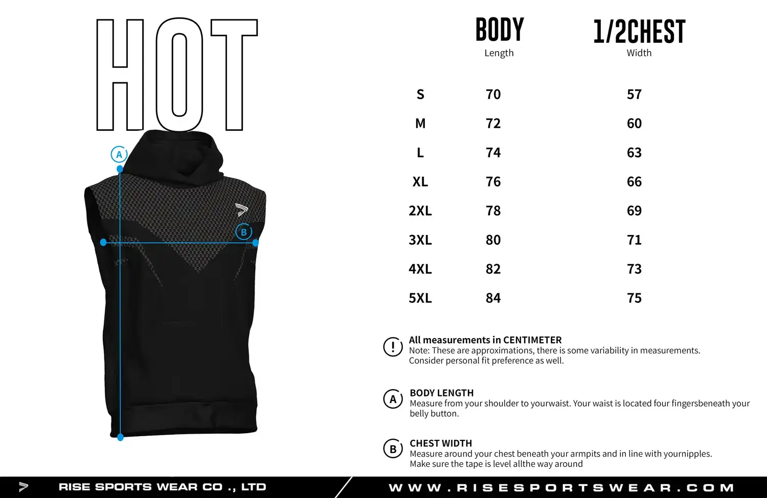 Size chart of the sleeveless boxing hoodie pullover showing body length and 1/2 chest width measurements.