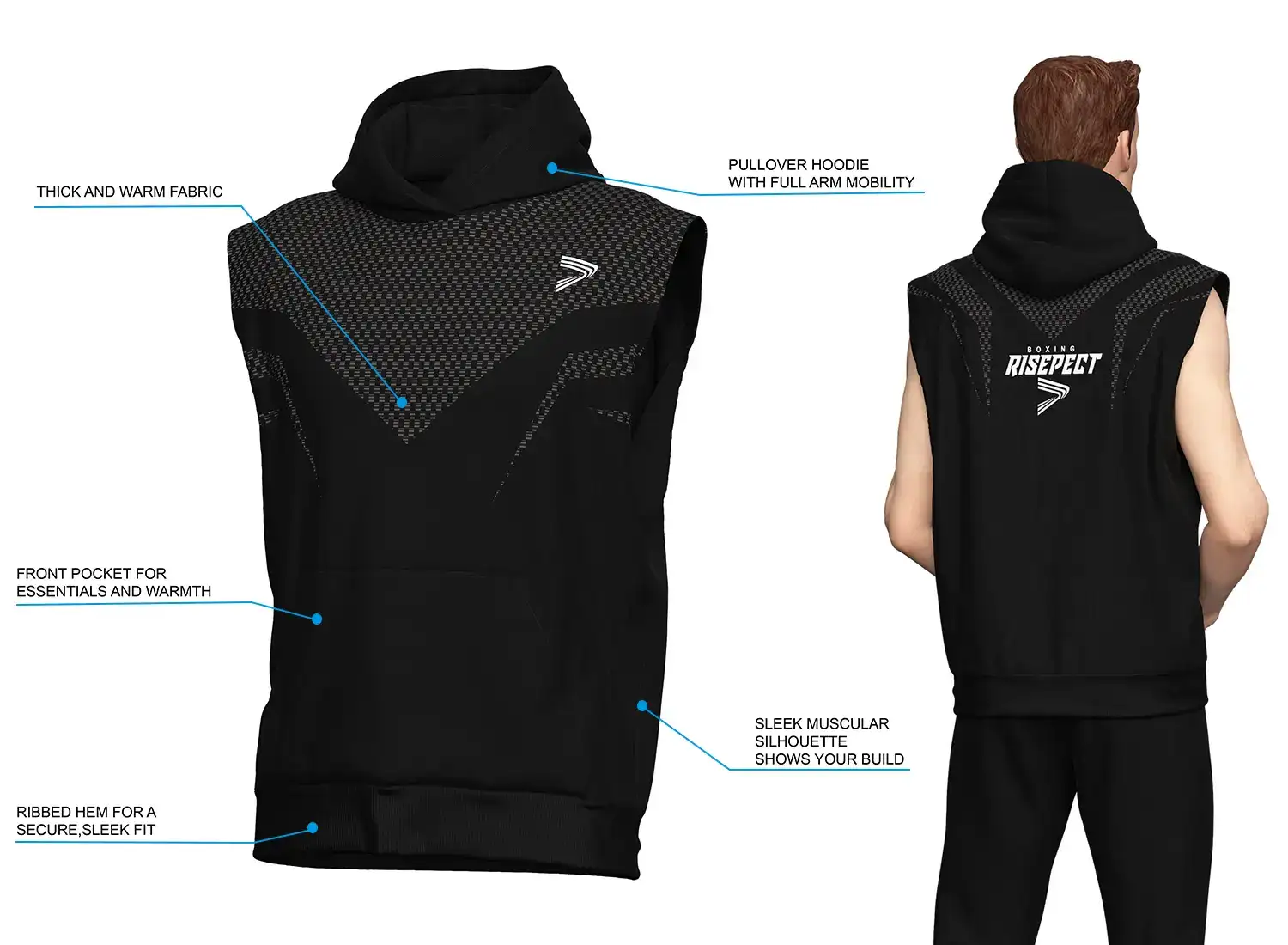 Right panel shows the sleeveless boxing hoodie front with carbon-weave serpent fangs across the chest, featuring thick warm fabric, pullover hood, front kangaroo pocket, and ribbed hem; left panel shows a male model wearing the hoodie from the back, displaying the matching serpent fang wrap graphic and sleeveless cut for full shoulder mobility.
