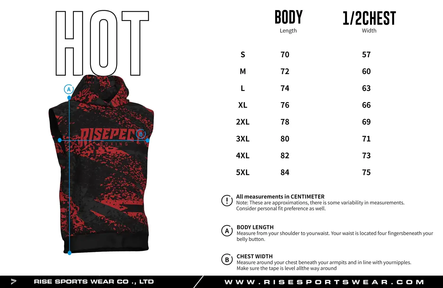 Size chart of the sleeveless boxing hoodie pullover showing body length and 1/2 chest width measurements.
