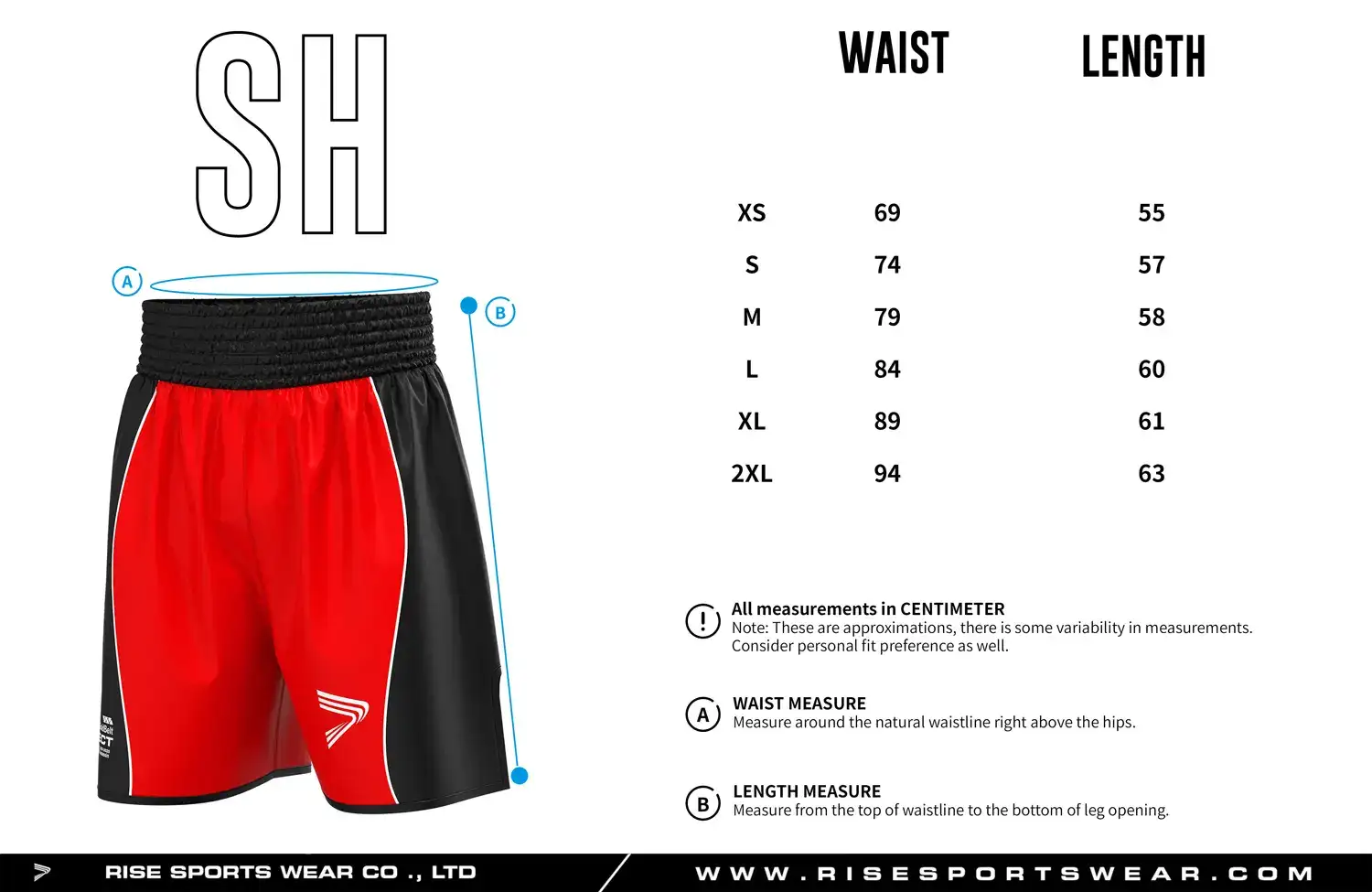 Detailed size chart of custom boxing shorts showing waist and length measurements, designed for professional gym and club uniform fitting.