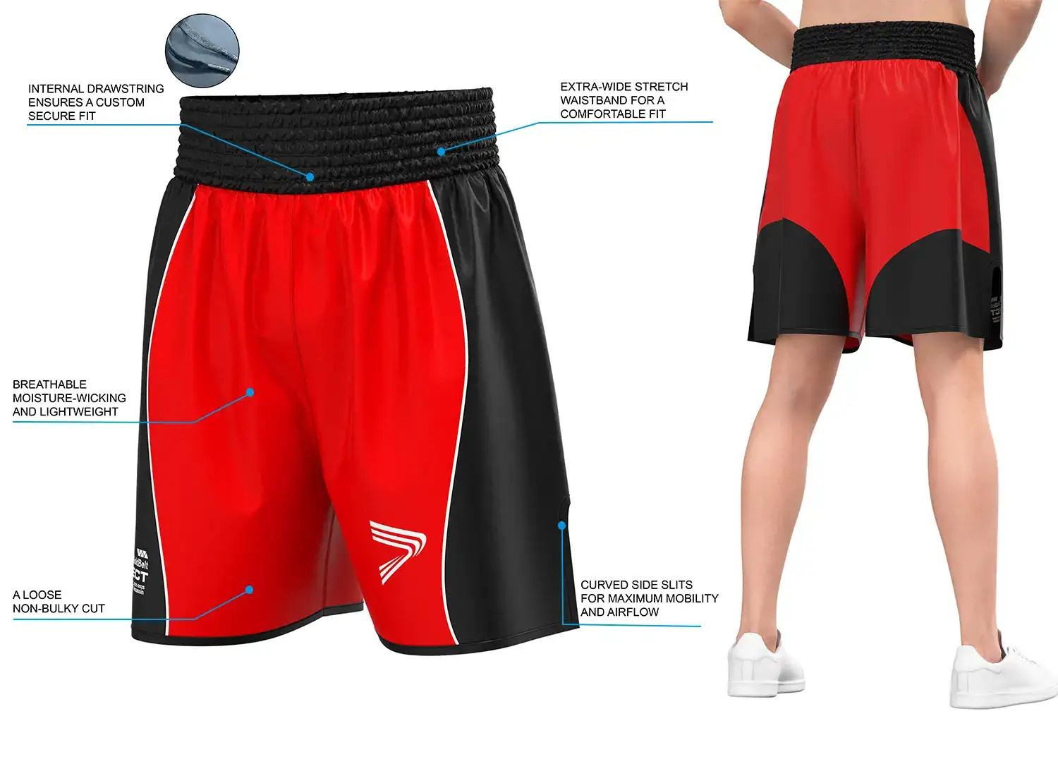 Male model wearing custom red satin boxing shorts with black trim, back view, showing wide elastic waistband and side slits. The right side displays product highlights and key selling points of the modern traditional boxing short design.