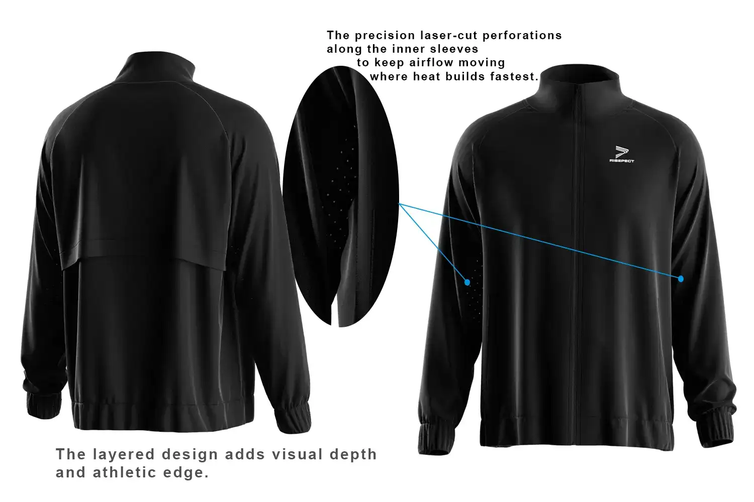 The layered design adds visual depth and athletic edge on the back. This performance athletic jacket features precision laser-cut perforations along the inner sleeves to keep airflow moving where heat builds fastest.