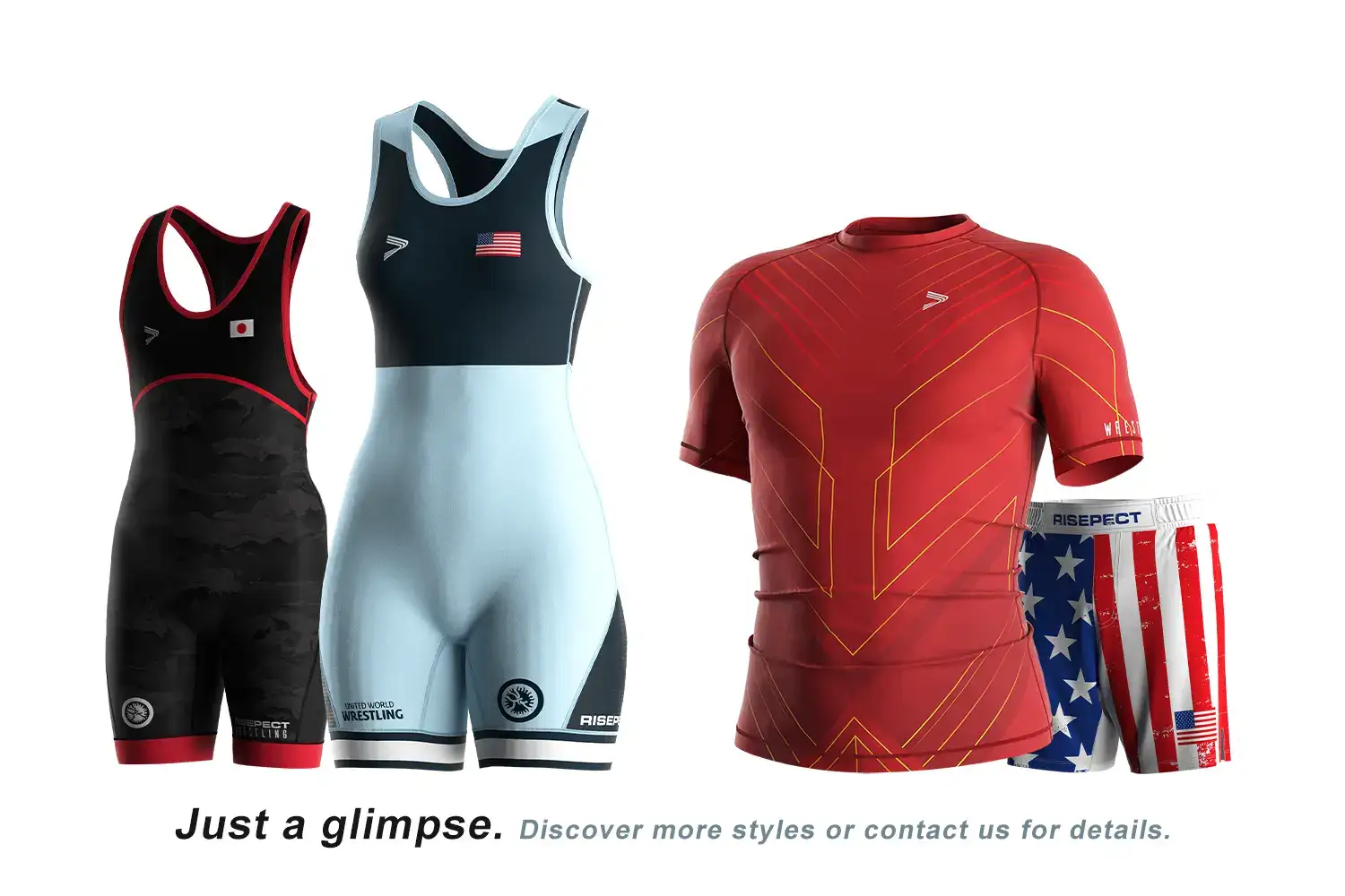 Featured: Men's & Women's Wrestling Singlets 3.0, Compression Tee, and Fight Shorts. Just a glimpse—explore more styles or contact us for details.