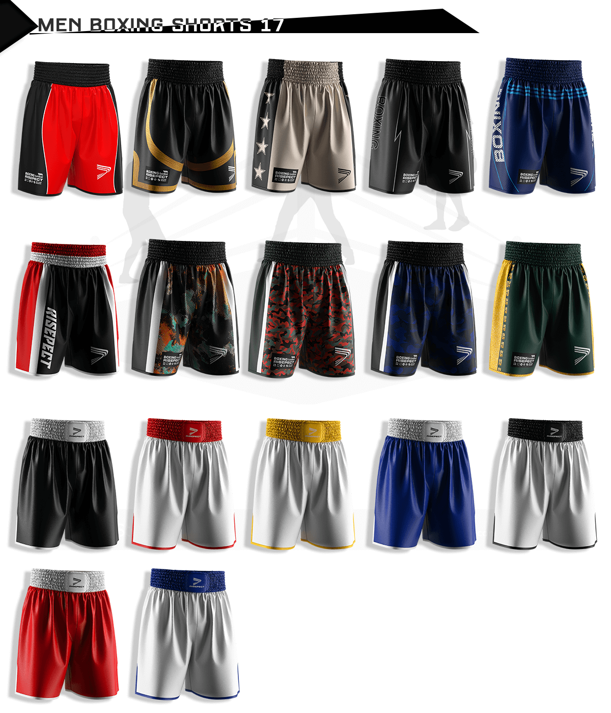 Collection of 17 sublimated color and pattern options for traditional modern Muay Thai boxing shorts, showcasing customizable designs for bulk orders and team branding.