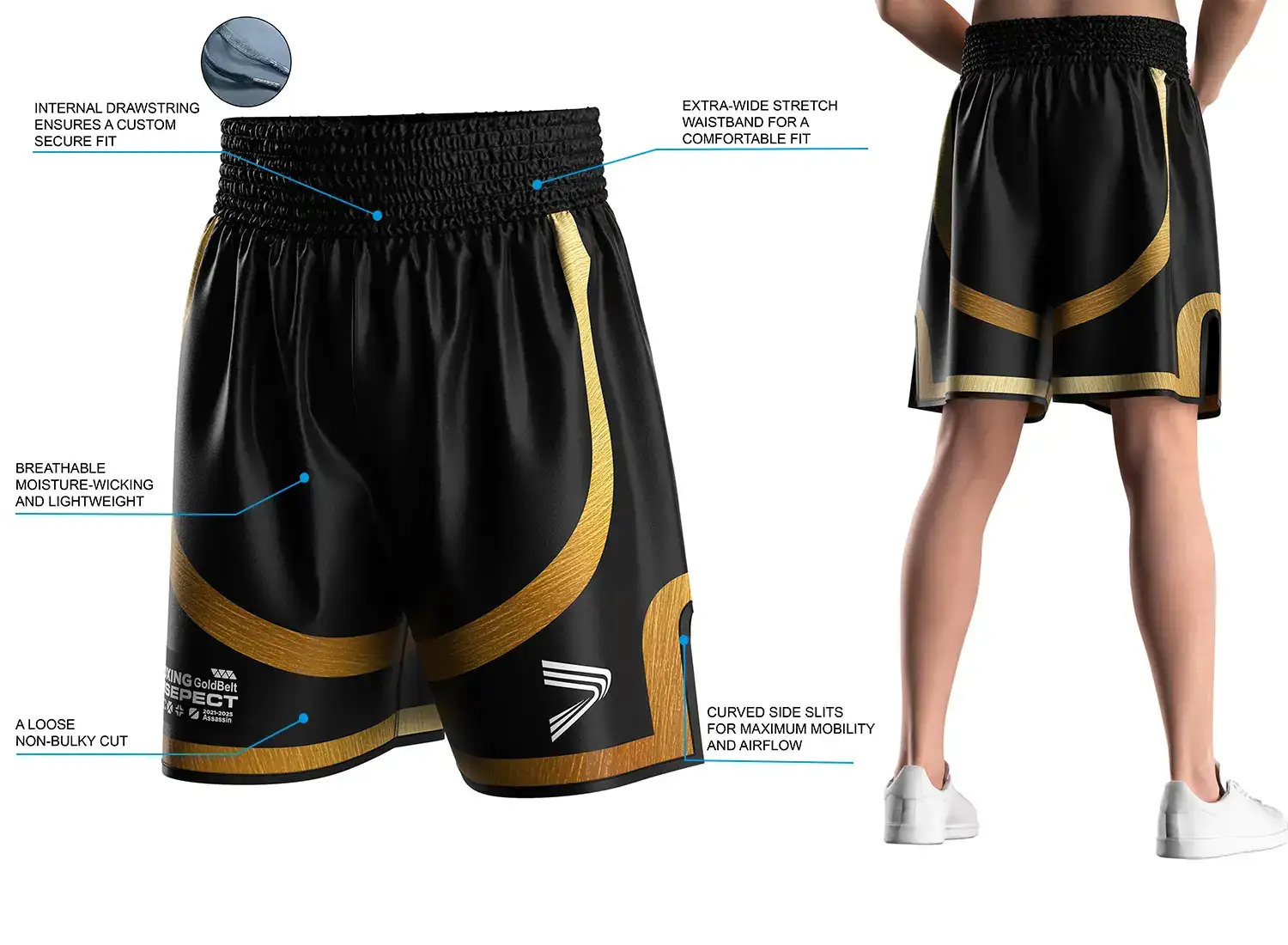Male model wearing black gold personalized boxing shorts, back view, showing wide elastic waistband and side slits. The right side displays product highlights and key selling points of the pro fight edition boxing short design.