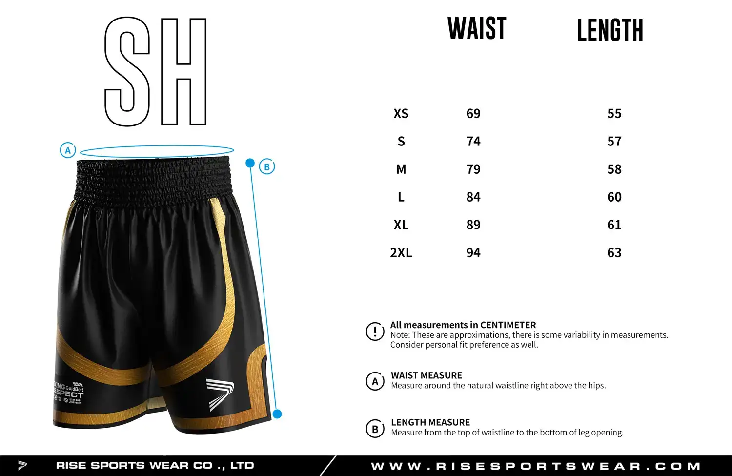 Detailed size chart of custom boxing shorts showing waist and length measurements, designed for professional gym and club uniform fitting.