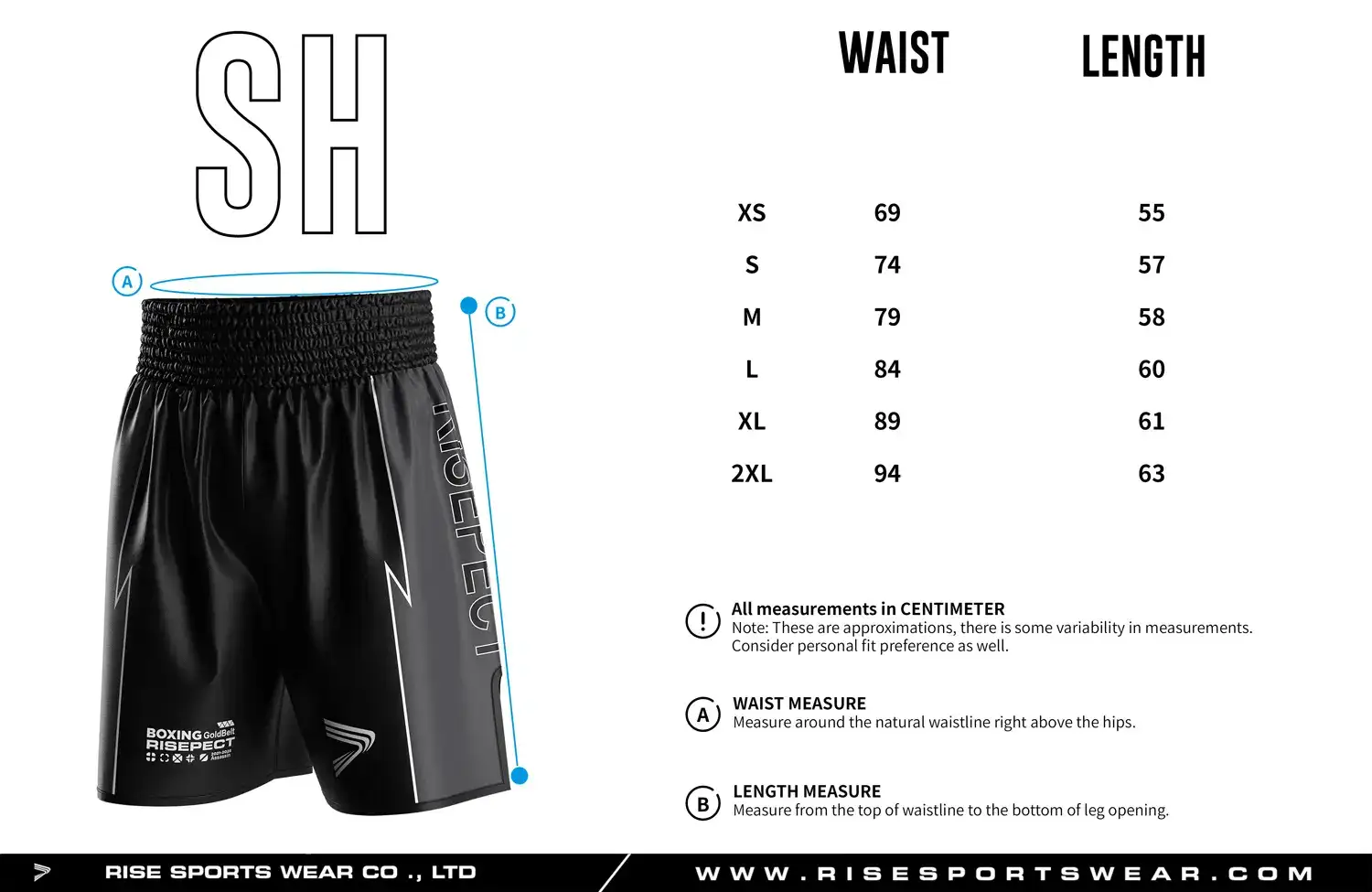Detailed size chart of custom boxing shorts showing waist and length measurements, designed for professional gym and club uniform fitting.