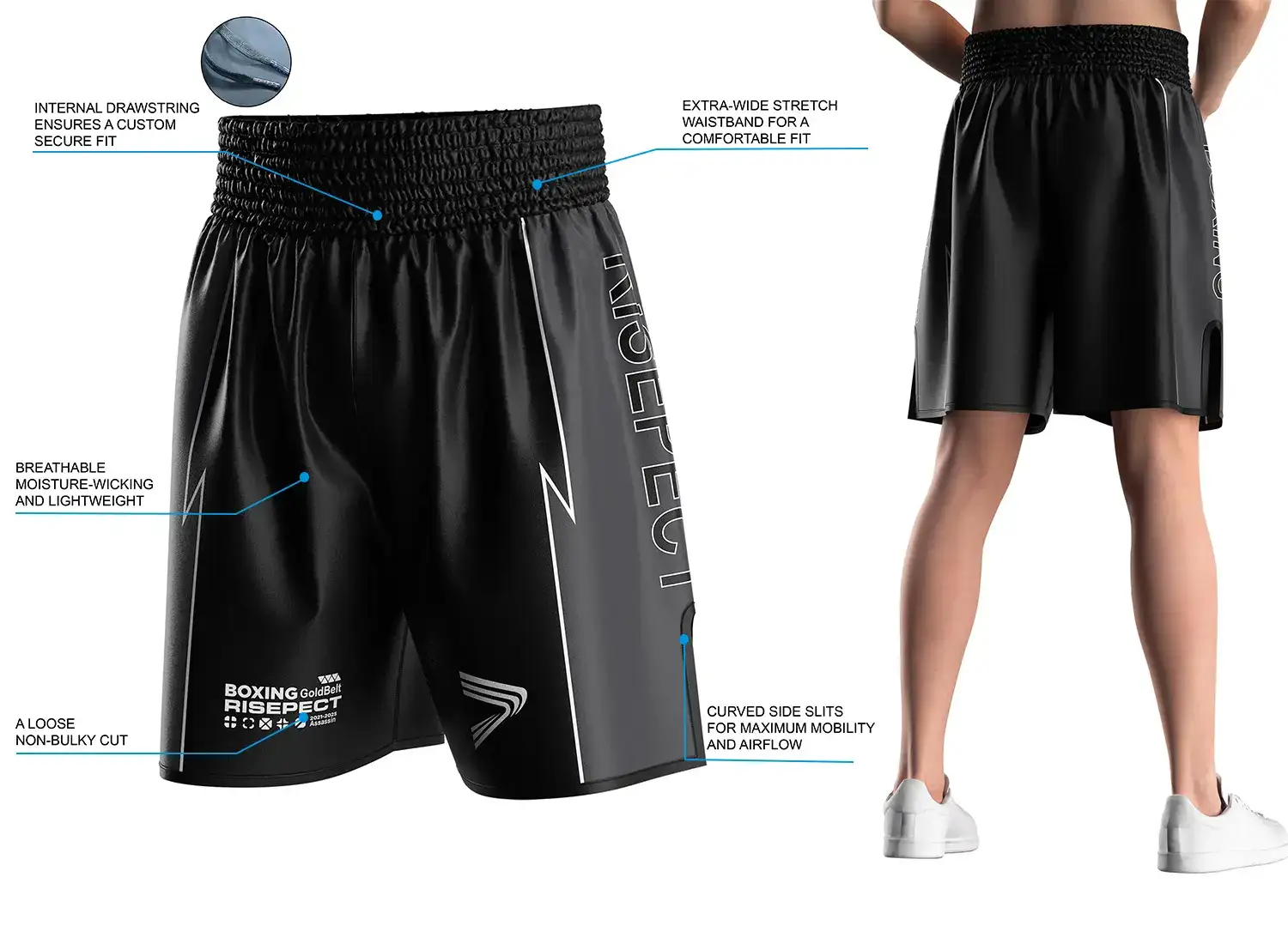 Male model wearing black satin boxing shorts with side-gray, back view, showing wide elastic waistband and side slits. The right side displays product highlights and key selling points of the modern traditional boxing short design.
