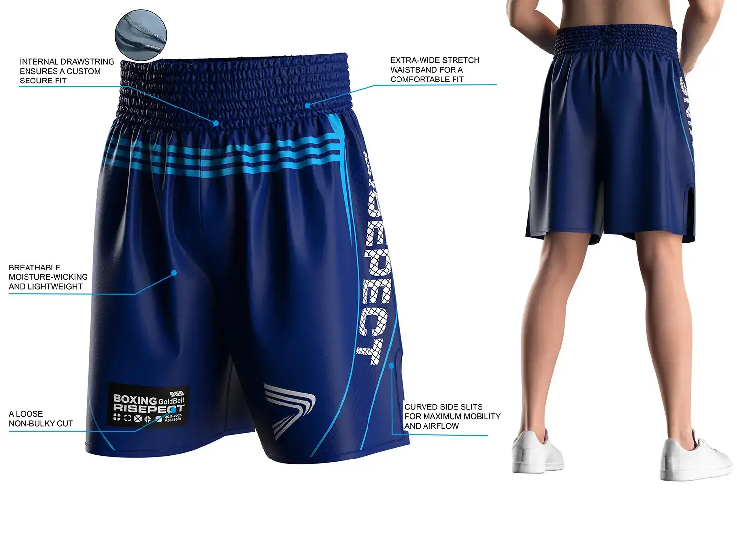 Male model wearing custom navy blue boxing shorts with sky-blue panels, back view, showing wide elastic waistband and side slits. The right side displays product highlights and key selling points of the modern traditional boxing short design.