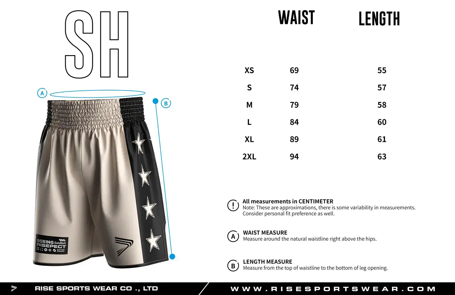 Detailed size chart of custom pro oxing shorts men showing waist and length measurements, designed for professional gym and club uniform fitting.