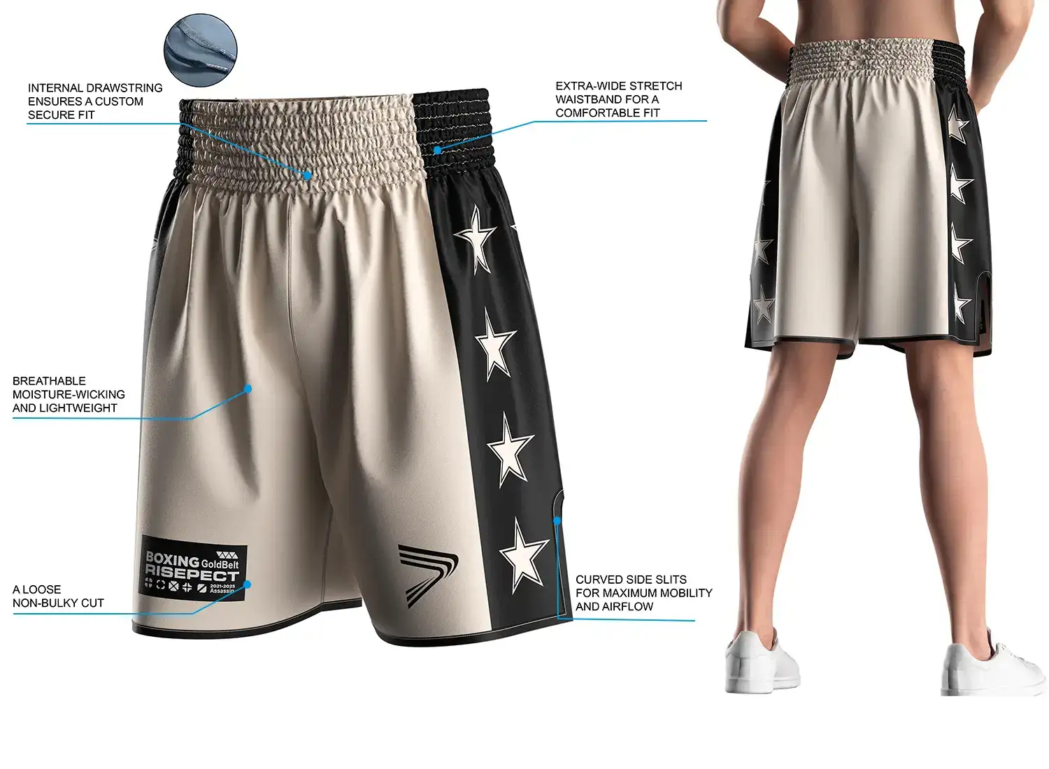 Male model wearing USA beige pro boxing shorts men, back view, showing wide elastic waistband and side slits. The right side displays product highlights and key selling points of the modern traditional boxing short design.