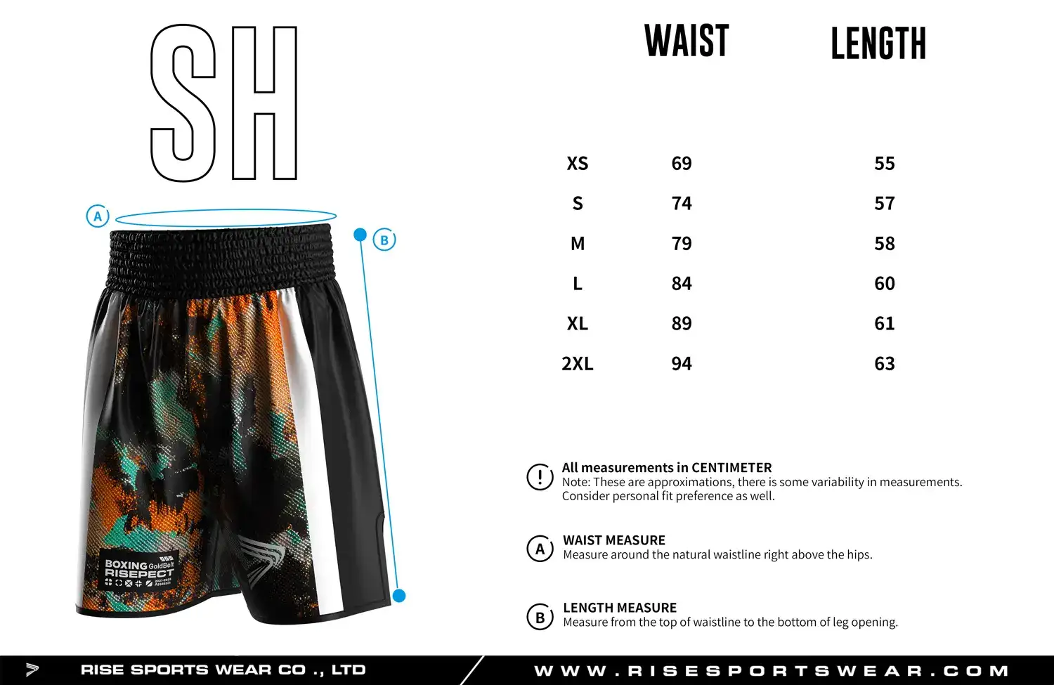 Detailed size chart of custom boxing shorts showing waist and length measurements, designed for professional gym and club uniform fitting.