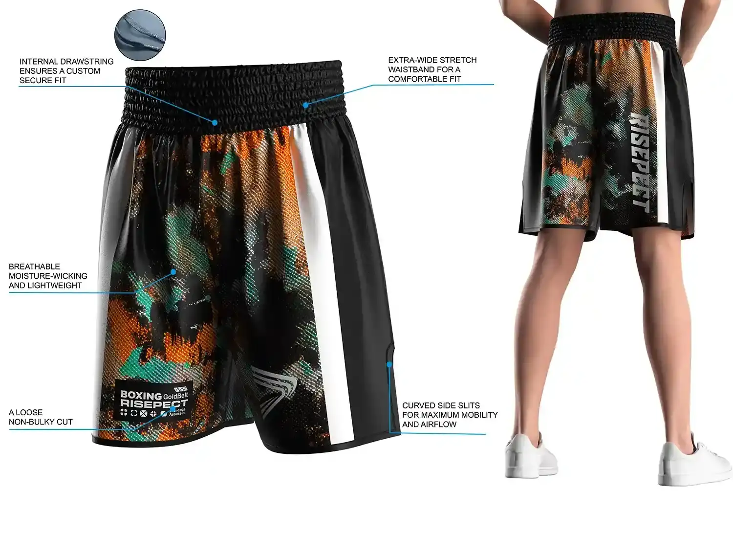 Male model wearing best boxing shorts with metallic-inspired camo accents in orange, gold, teal, green, and white, back view, showing wide elastic waistband and side slits. The right side displays product highlights and key selling points of the modern traditional boxing short design.