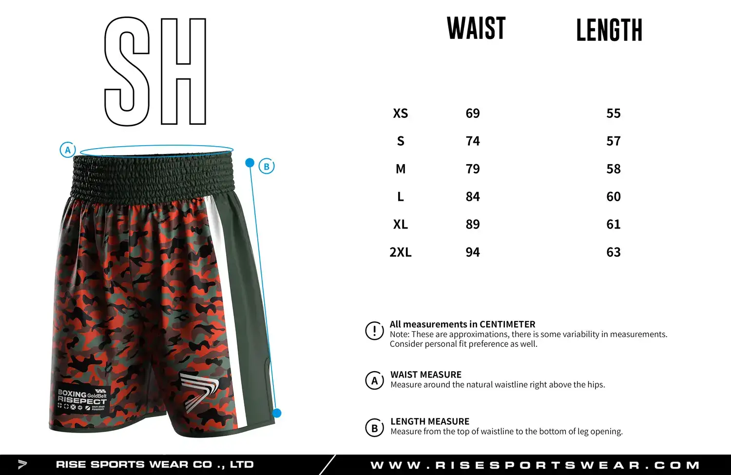 Detailed size chart of custom boxing shorts showing waist and length measurements, designed for professional gym and club uniform fitting.