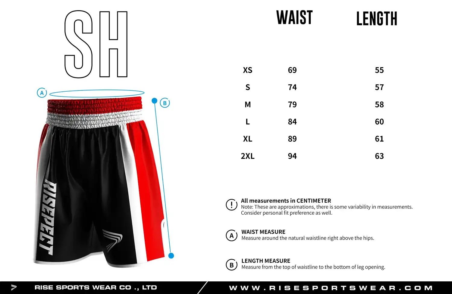 Detailed size chart of custom boxing shorts showing waist and length measurements, designed for professional gym and club uniform fitting.