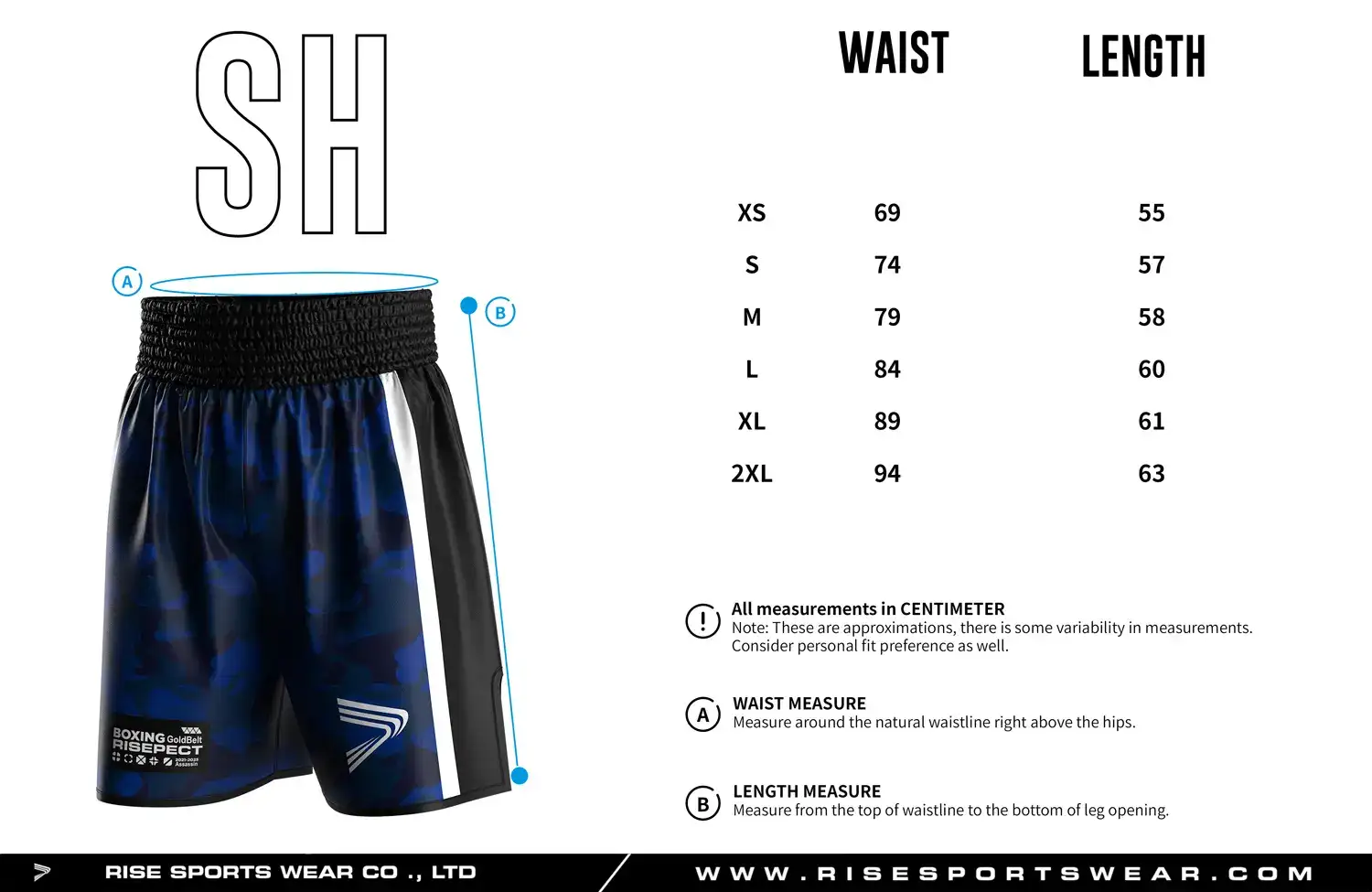 Detailed size chart of custom boxing shorts showing waist and length measurements, designed for professional gym and club uniform fitting.