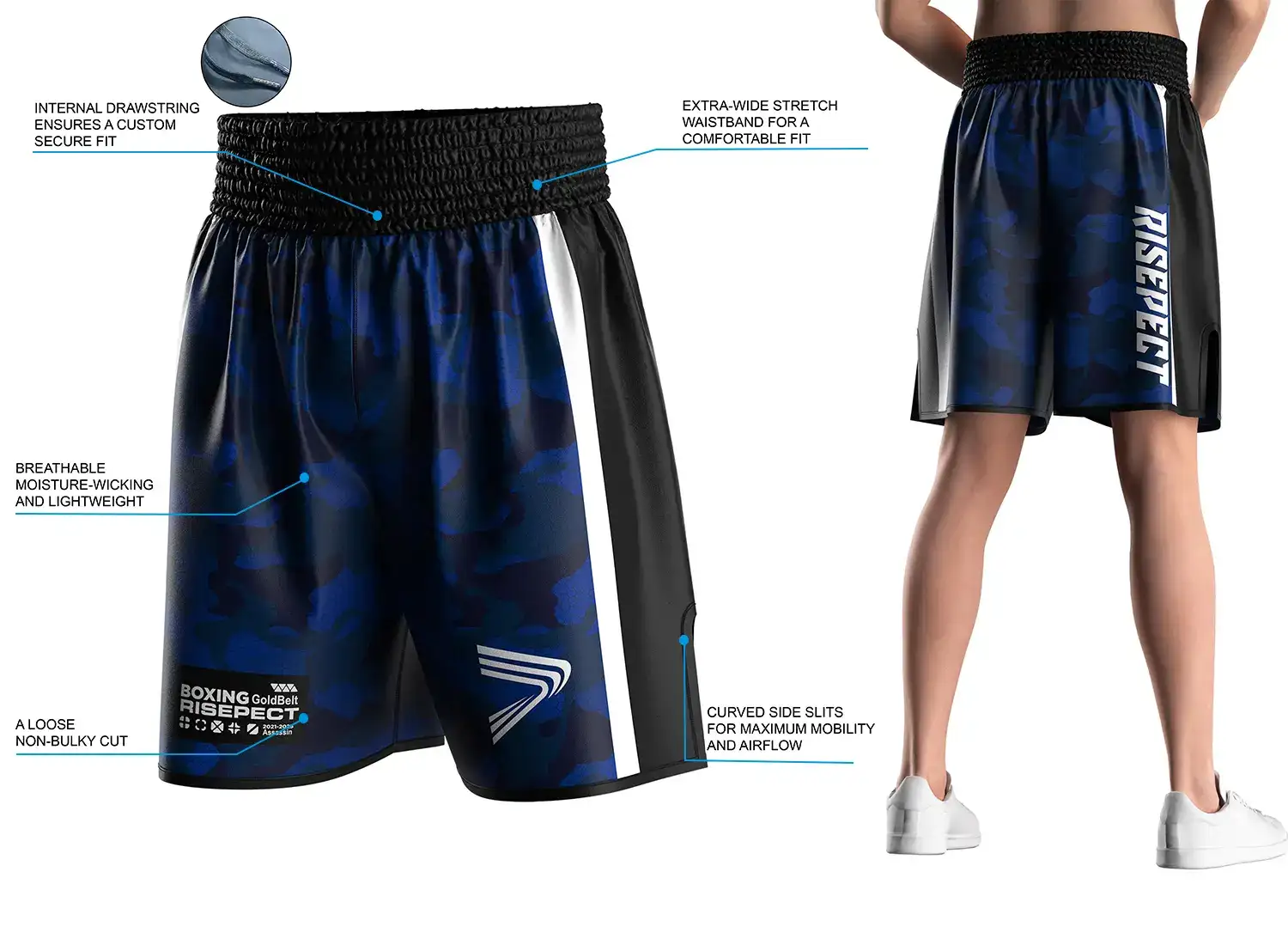 Male model wearing men pro series boxing fight shorts with royal camo blue, back view, showing wide elastic waistband and side slits. The right side displays product highlights and key selling points of the modern traditional boxing short design.
